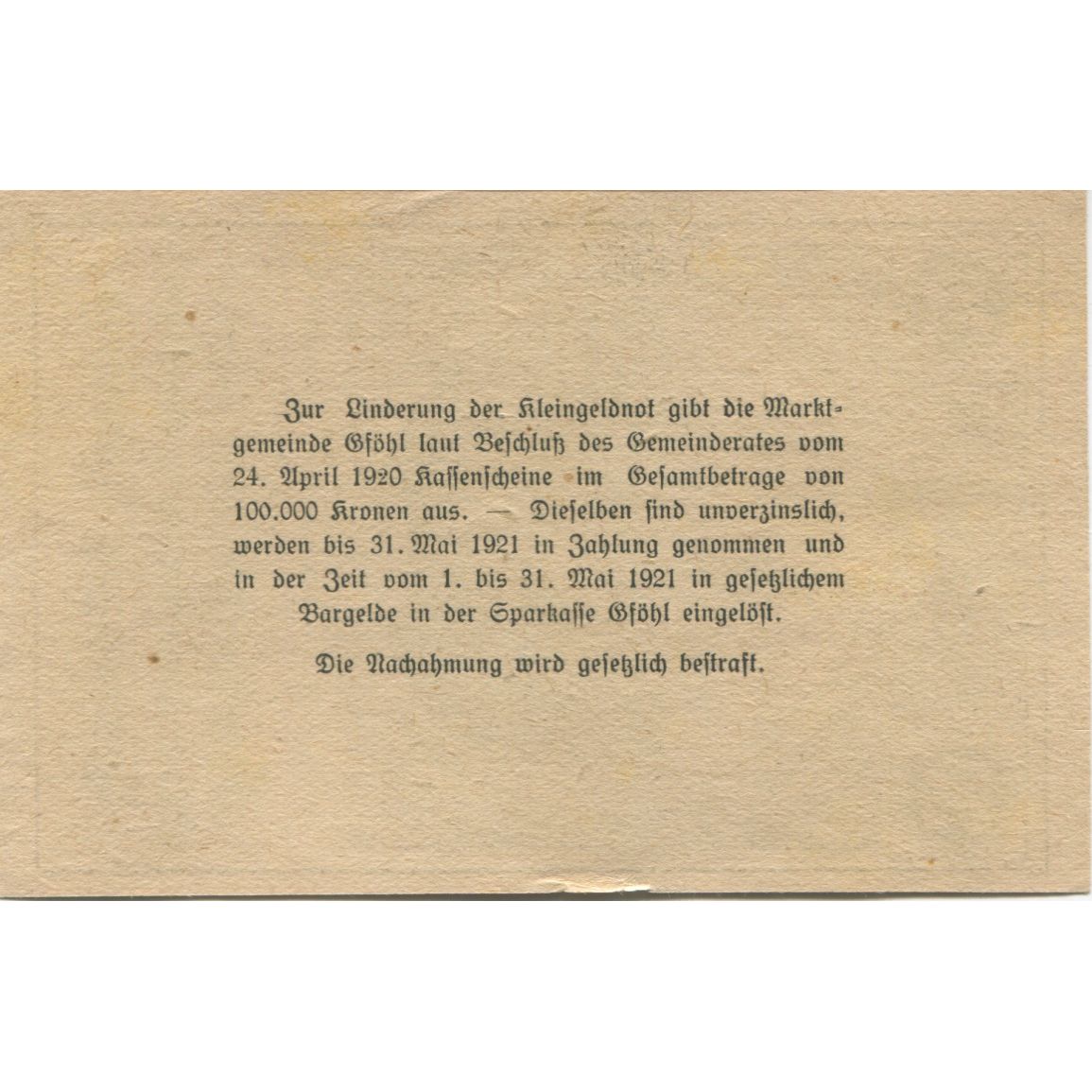 Banknote, Austria, Gföhl, 20 Heller, Eglise 1921-05-31, UNC(63), Mehl:FS 234