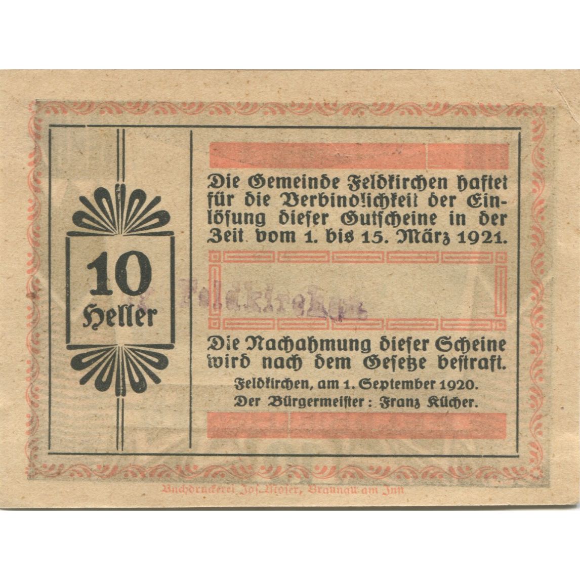 Billet, Autriche, Feldkirchen, 10 Heller, Maison 1921-03-15, SPL Mehl:FS196a