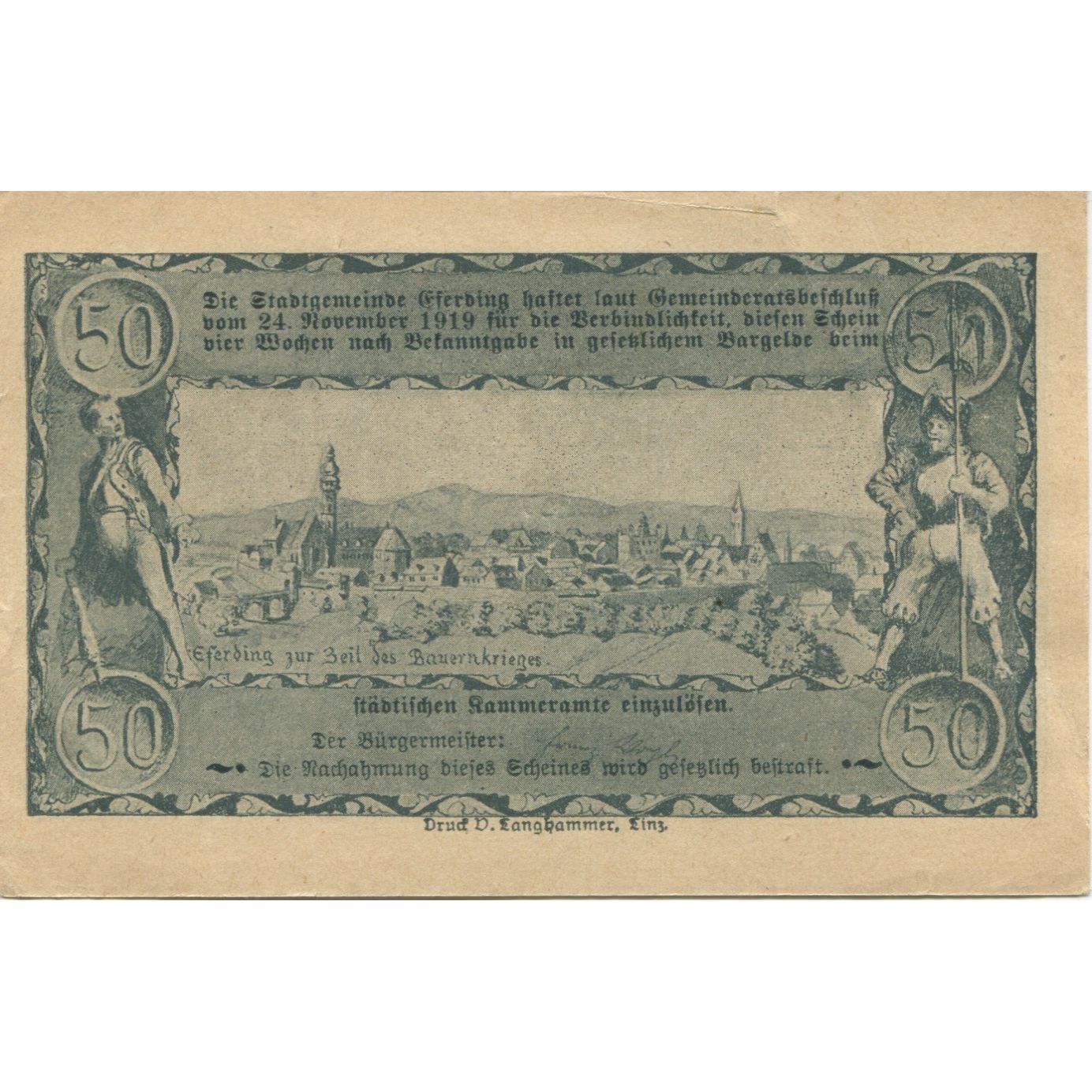 Banconote, Austria, Eferding, 50 Heller, village, 1920, SPL, Mehl:FS 152I
