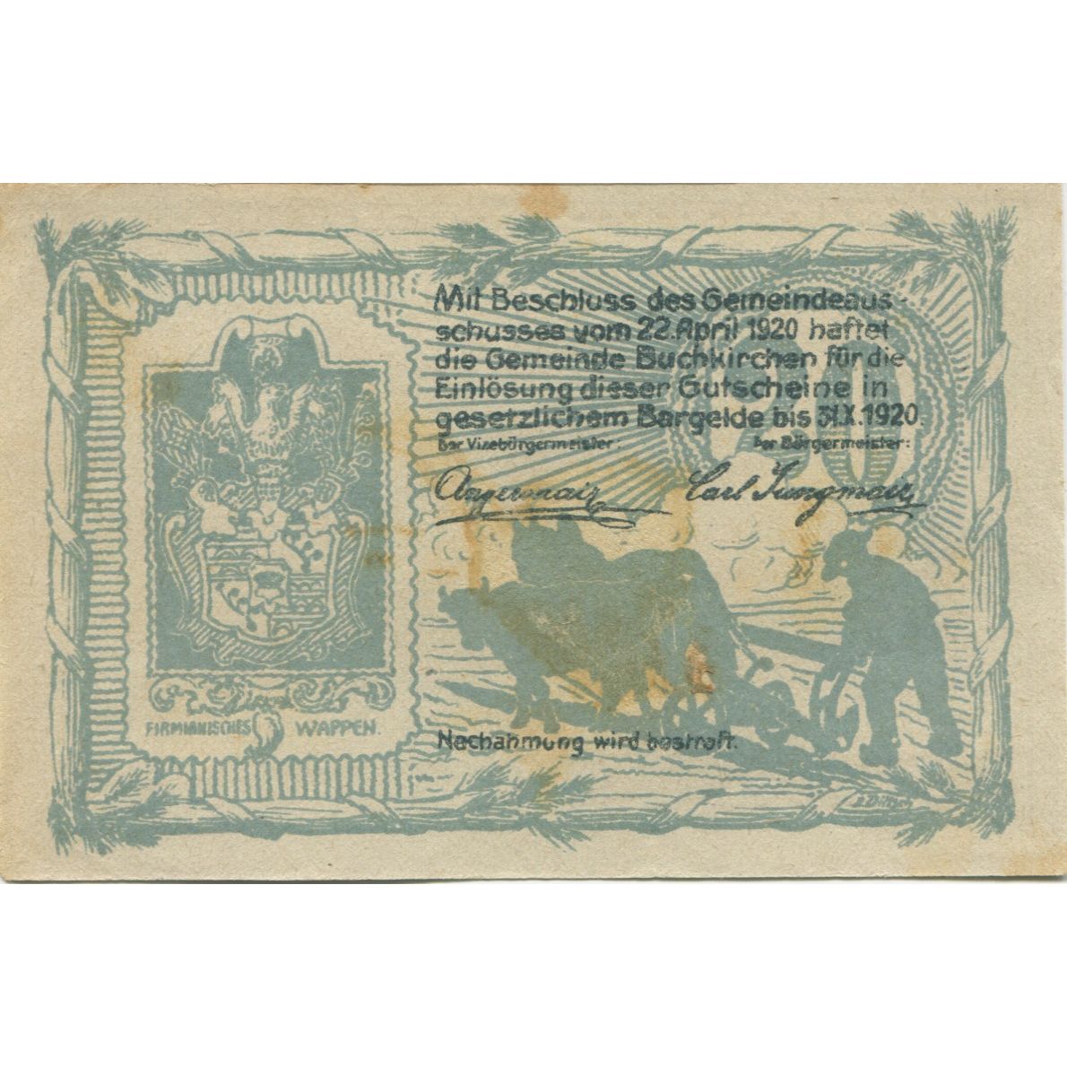 Geldschein, Österreich, Buchkirchen, 20 Heller, champs 1920 VZ Mehl:FS 114a