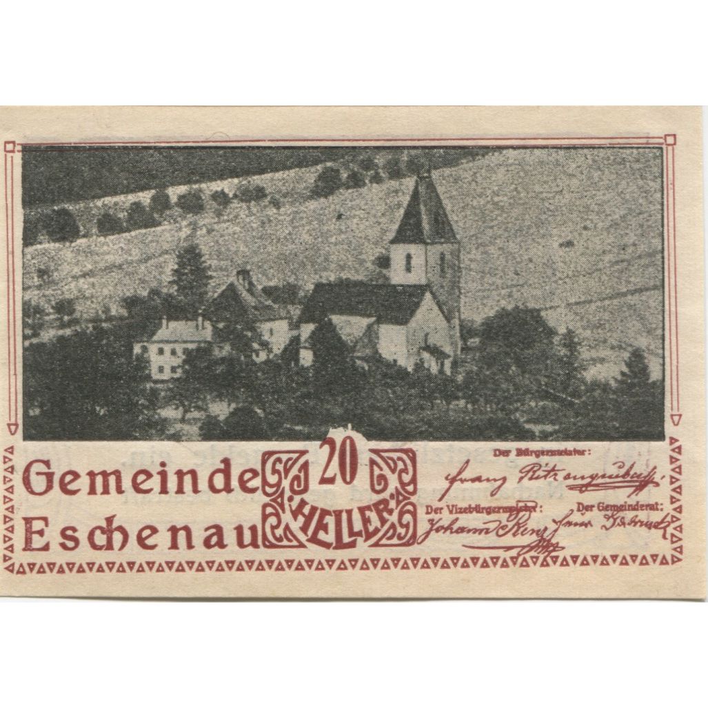 Banknote, Austria, Eschenau, 20 Heller, Eglise, 1920 UNC(63) Mehl:FS 186a