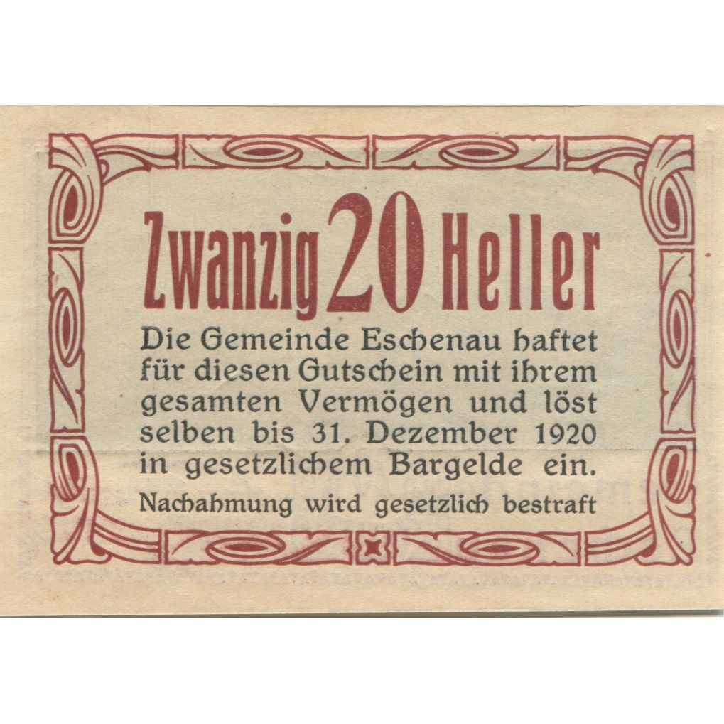 Banknote, Austria, Eschenau, 20 Heller, Eglise, 1920 UNC(63) Mehl:FS 186a