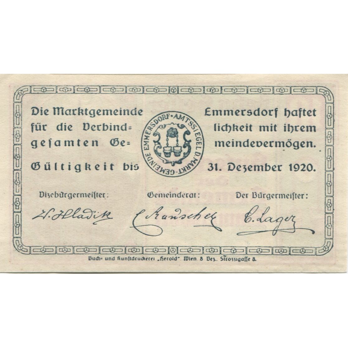 Nota, Áustria, Emmersdorf, 10 Heller, Eglise 1920-12-31, UNC(63) Mehl:FS 171d