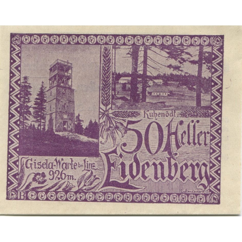 Banknote, Austria, Eidenberg, 50 Heller, Forêt, 1921 UNC(63) Mehl:FS 168IIa