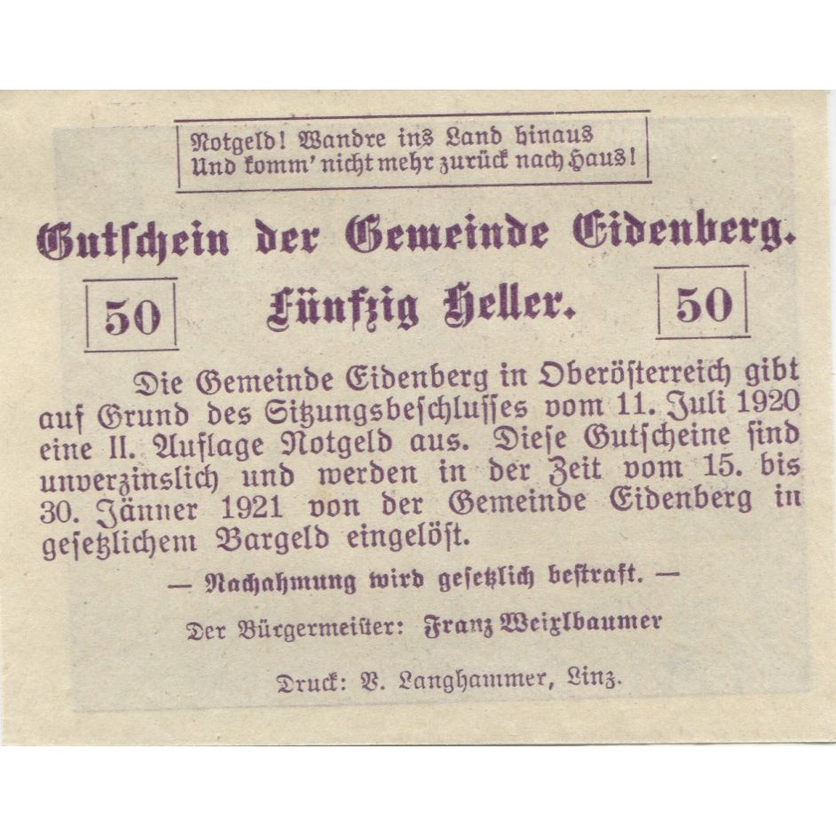 Banknote, Austria, Eidenberg, 50 Heller, Forêt, 1921 UNC(63) Mehl:FS 168IIa