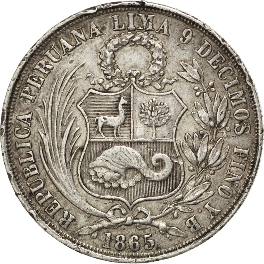 PERU, Sol, 1865, Lima, KM #196.1, VF(30-35), Silver, 24.96
