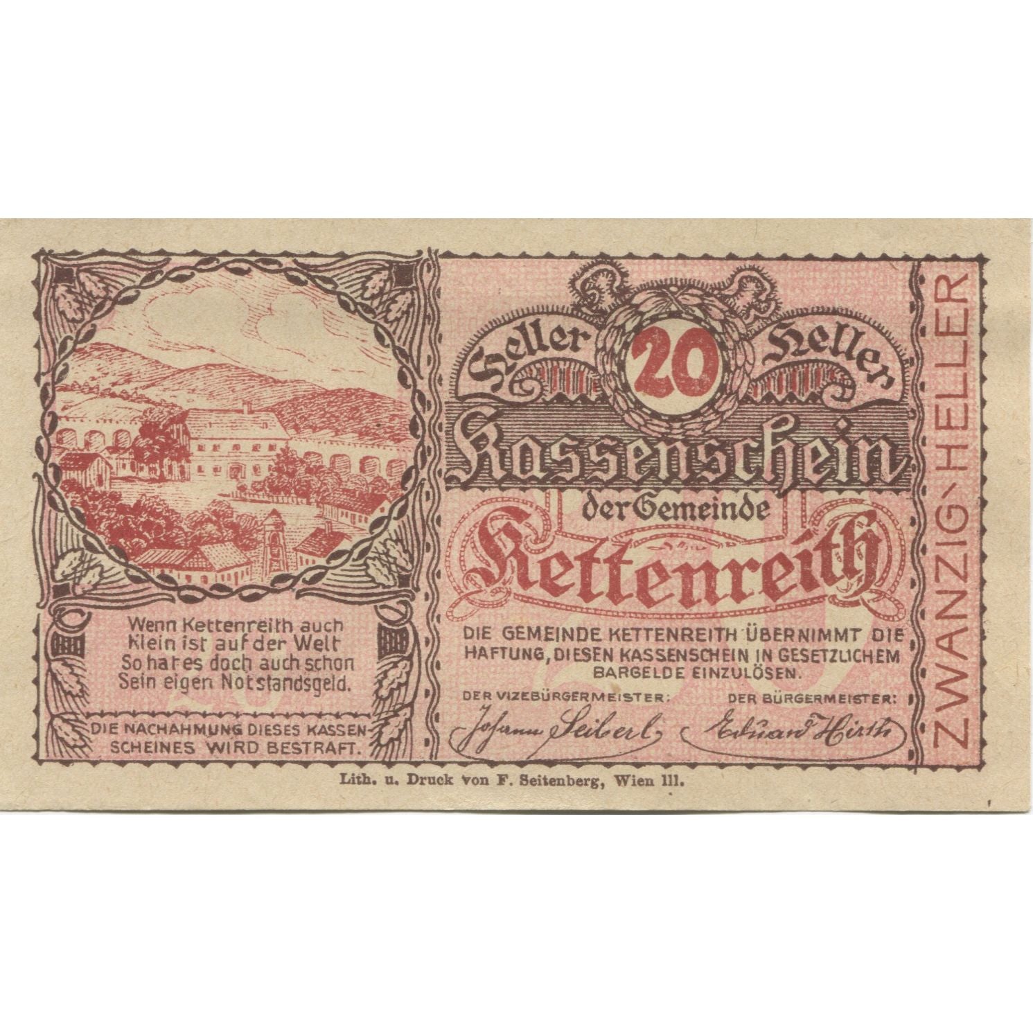 Billet, Autriche, Kettenreith, 20 Heller, village, 1920, SPL, Mehl:FS 435a