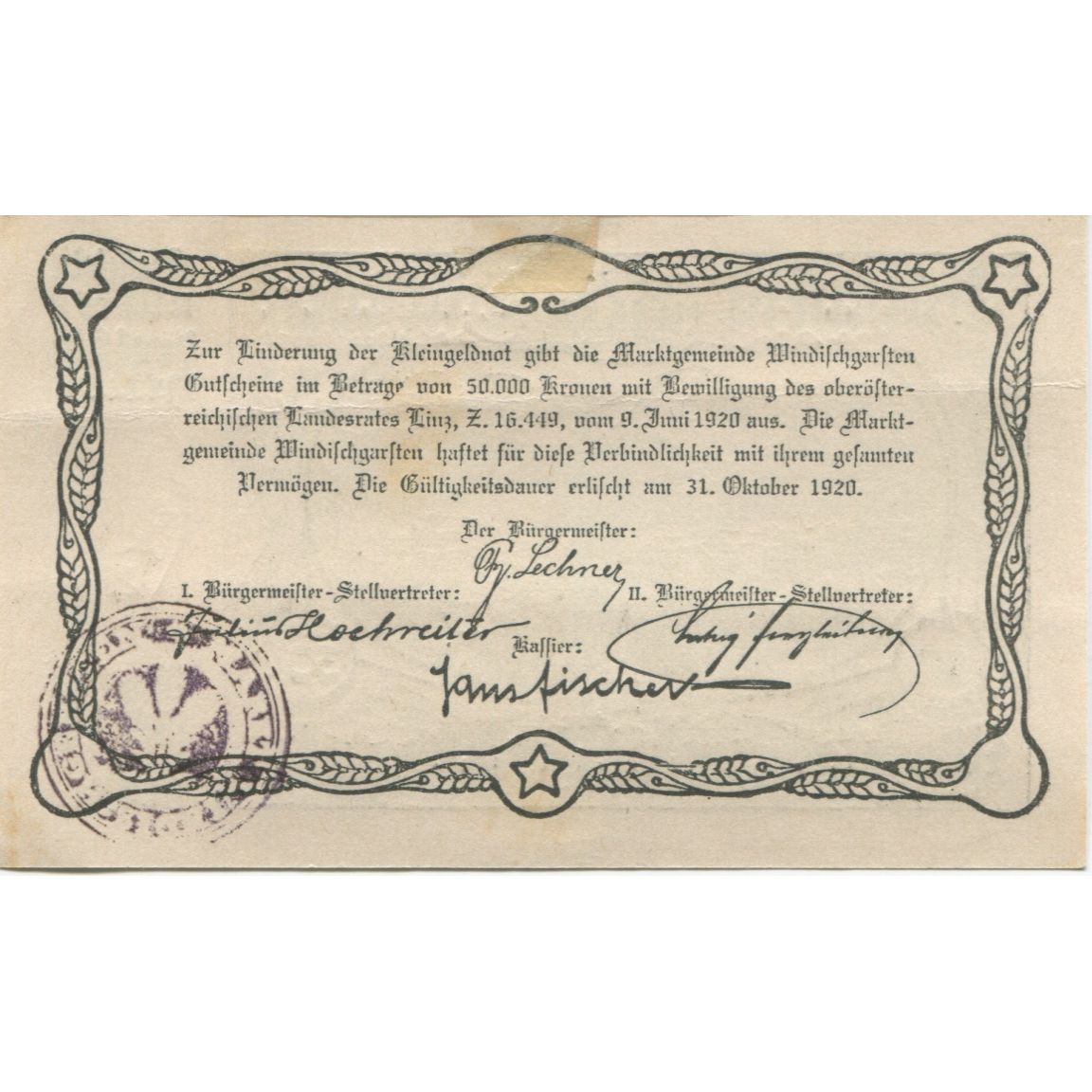 Banknote Austria Windischgarsten 30 Heller village 1920 UNC(63) Mehl:FS 1245IIa