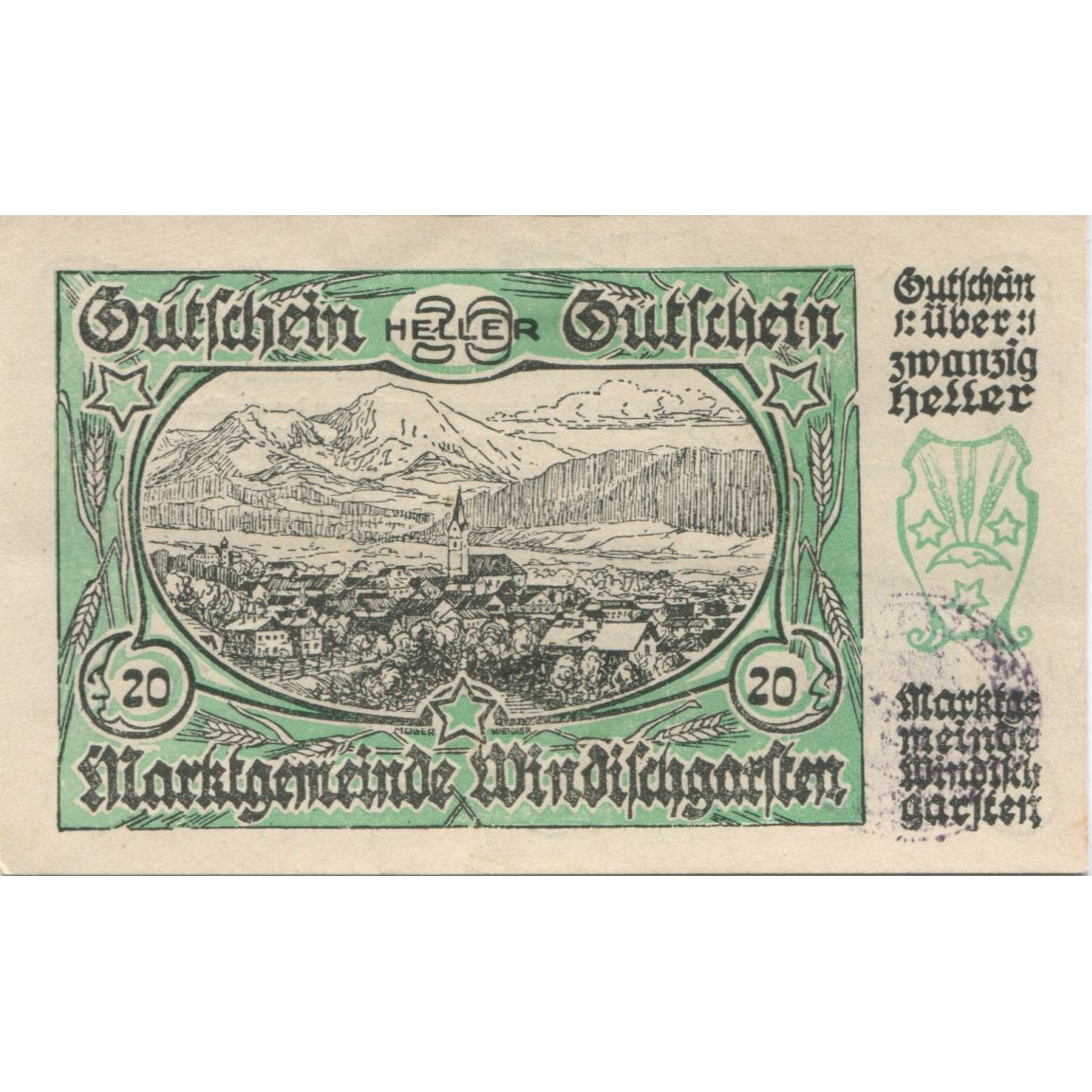 Banknote Austria Windischgarsten 20 Heller Eglise, 1920 UNC(63) Mehl:FS 1245IIa