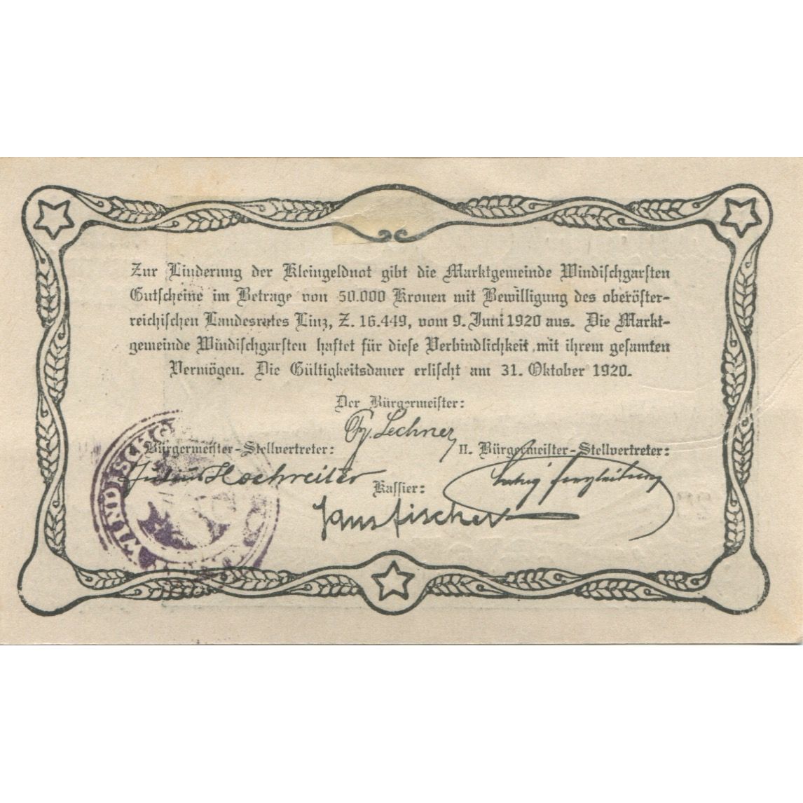 Banknote Austria Windischgarsten 20 Heller Eglise, 1920 UNC(63) Mehl:FS 1245IIa