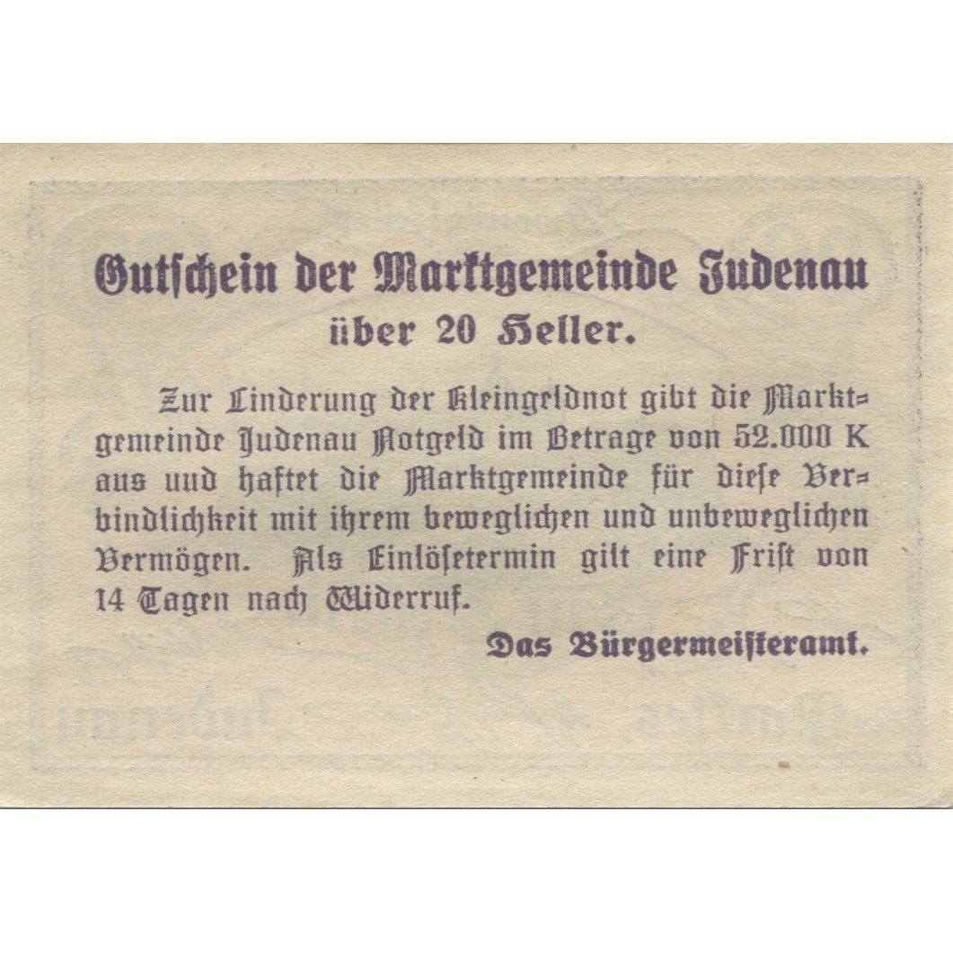 Banknote, Austria, Judenau, 20 Heller, château, 1920, UNC(63), Mehl:FS 420a