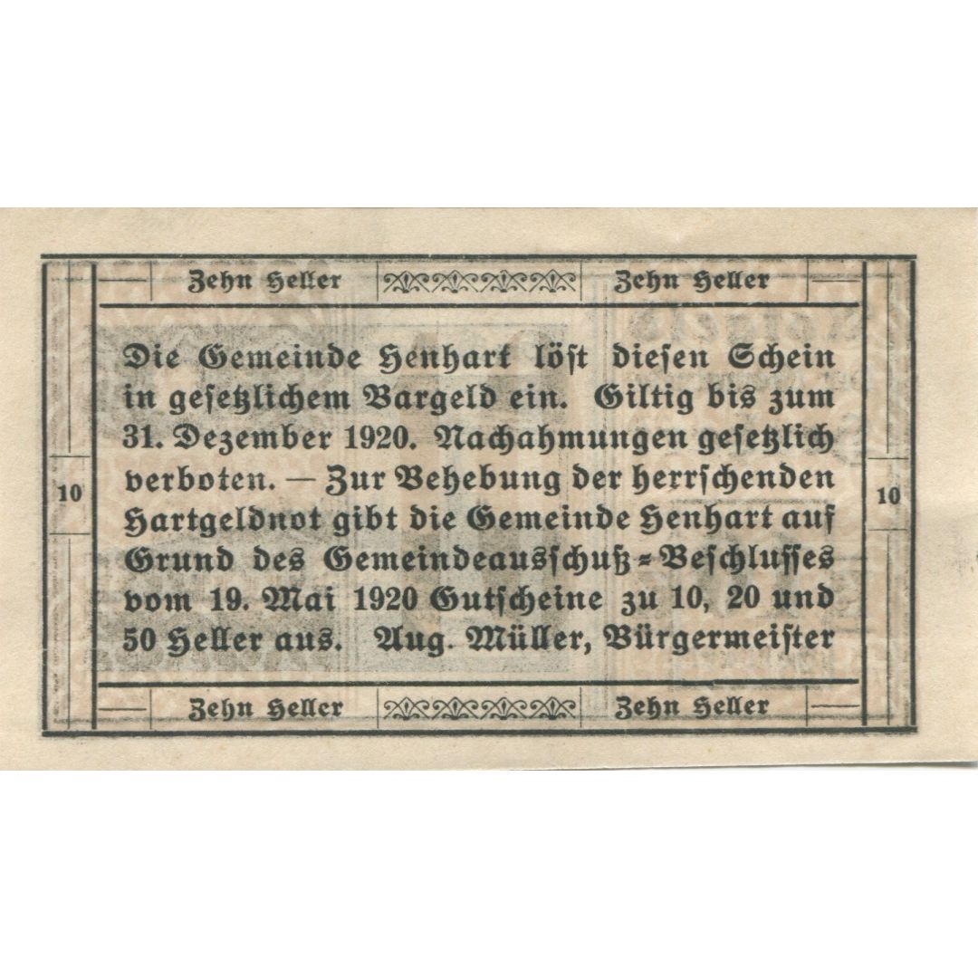 Billet, Autriche, Henhart, 10 Heller, village 1920-12-31, SPL, Mehl:FS 366a
