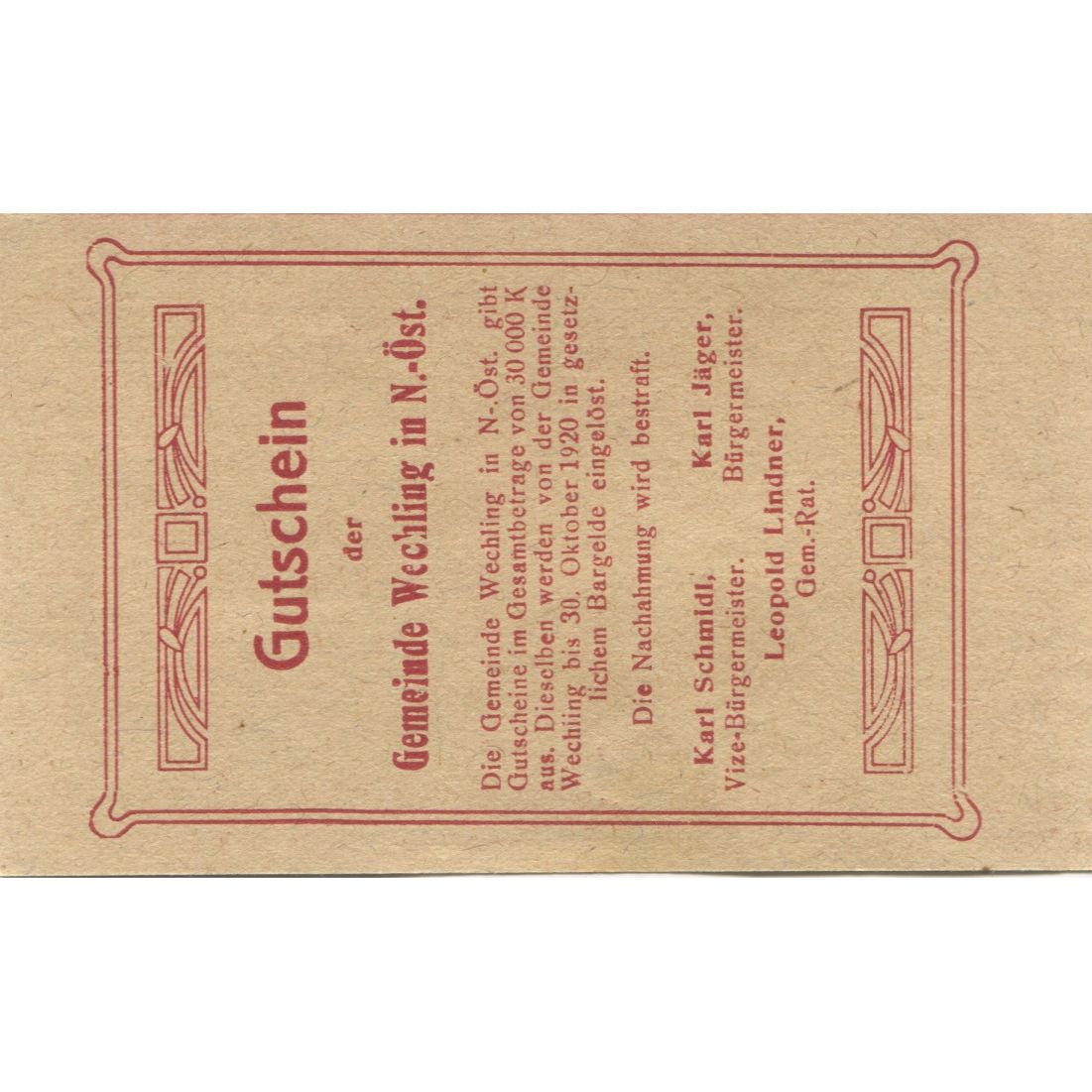 Banknote, Austria, Wechling, 30 Heller, Eglise 1920-10-30, UNC(63) Mehl:FS 1145a