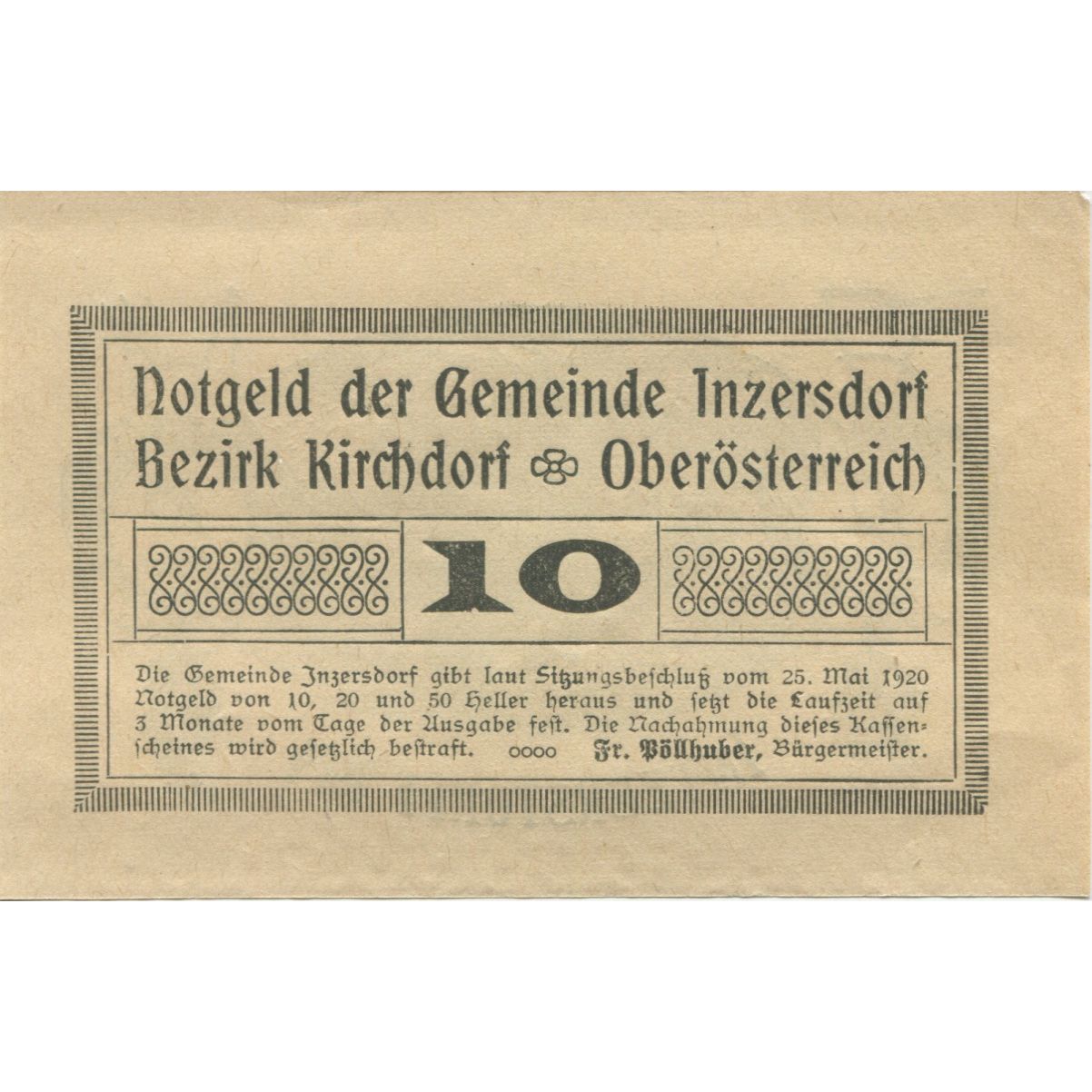 Banknote, Austria, Inzersdorf, 10 Heller, château 1920 UNC(63) Mehl:FS 415Ia