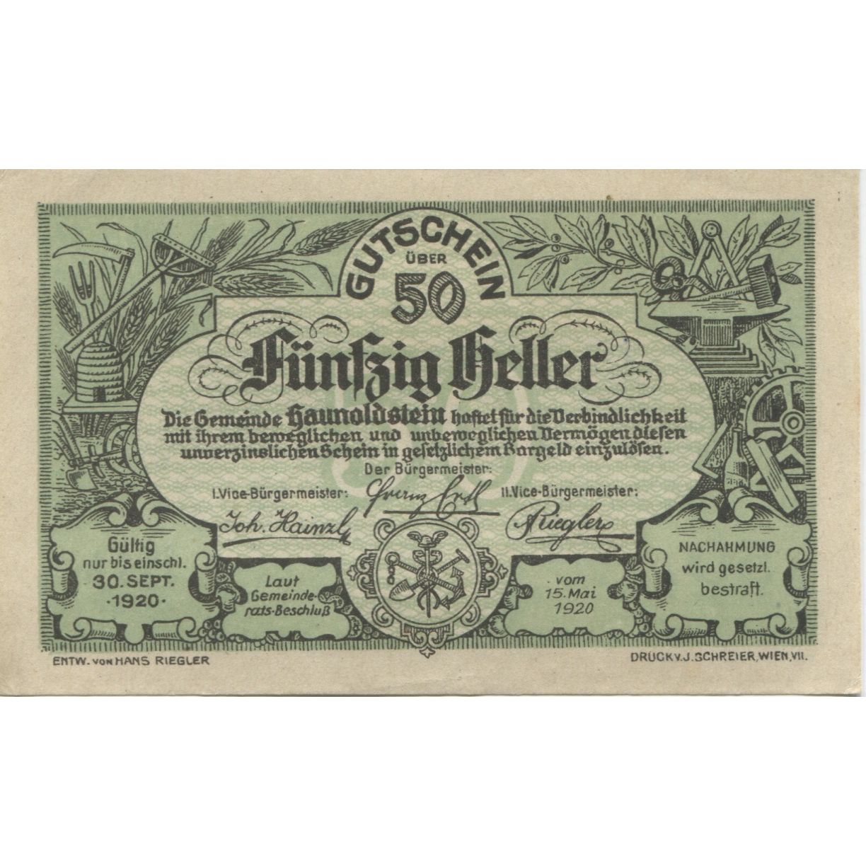 Banknote, Austria, Haunoldstein, 50 Heller, village, 1920 UNC(63) Mehl:FS 356