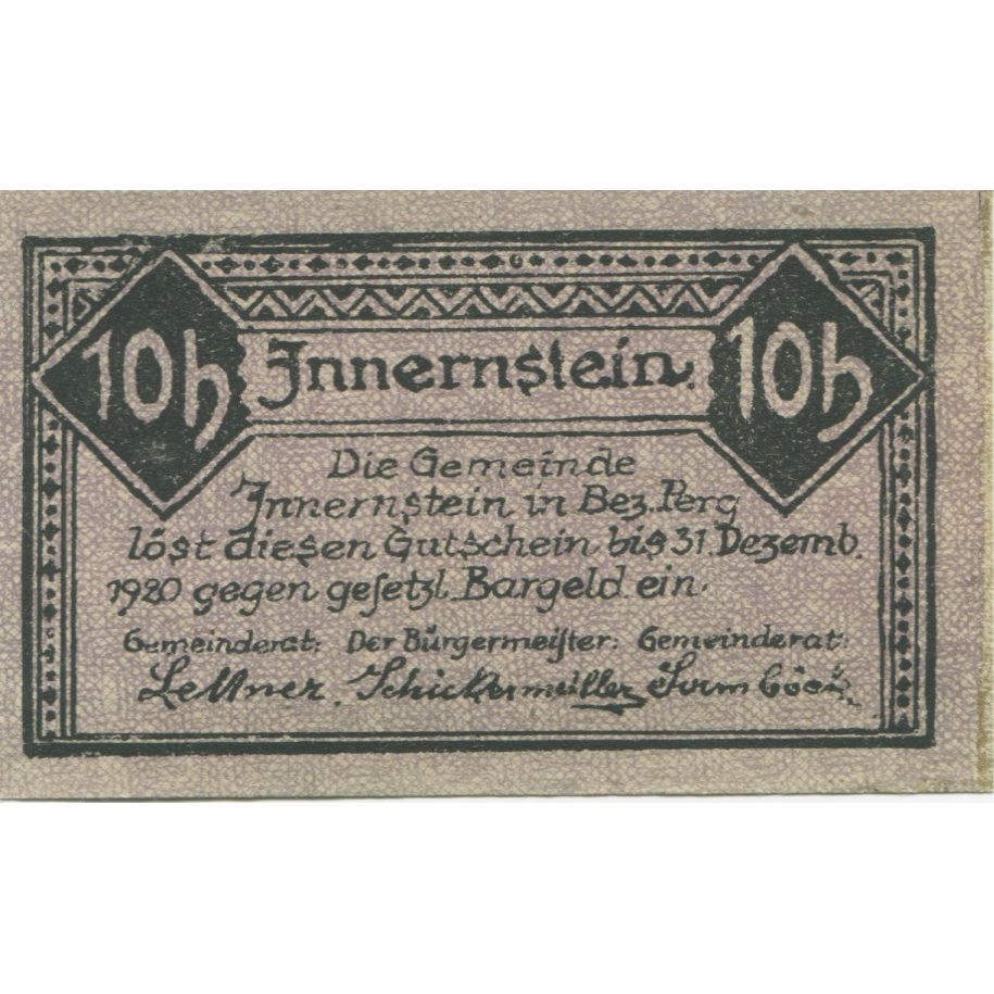 Banknote, Austria, Innernstein, 10 Heller, Maison, 1920, UNC(63) Mehl:FS 406
