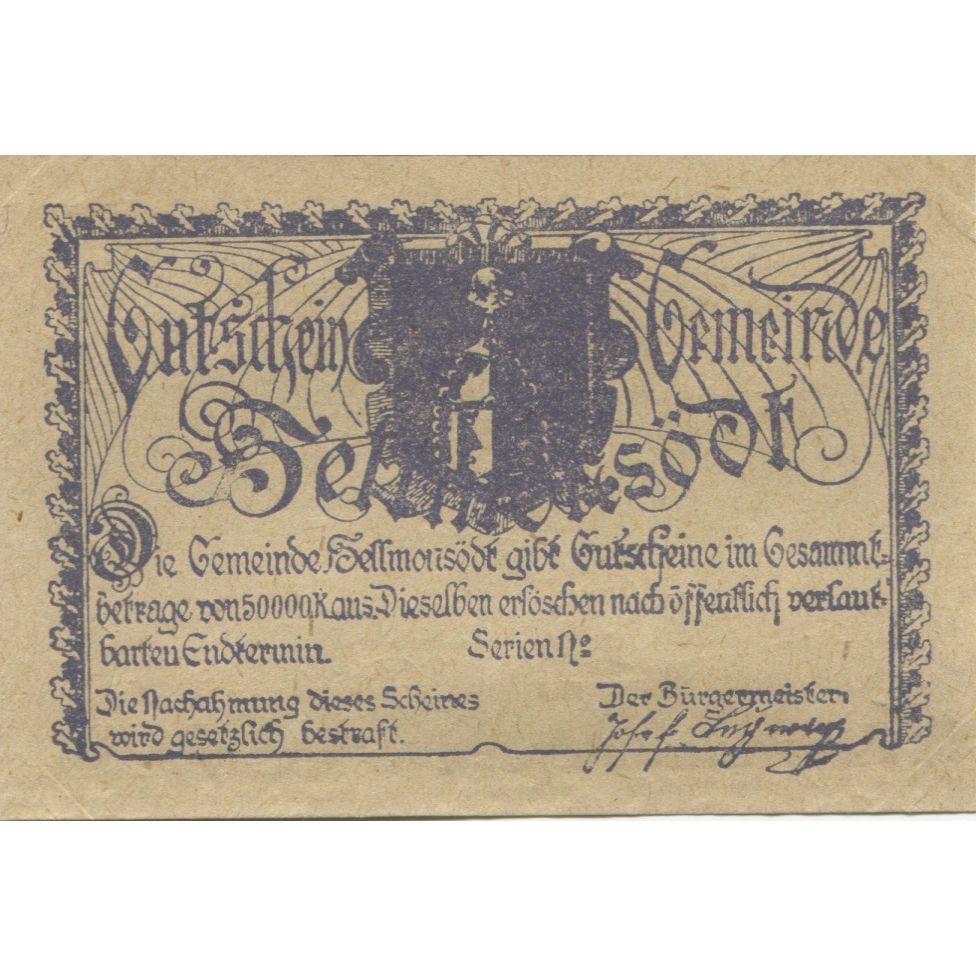 Banknote, Austria, Hellmonsodt, 50 Heller, Blason, 1920, UNC(63), Mehl:FS 364