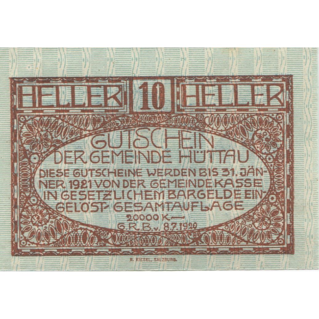 Banknote, Austria, Hüttau, 10 Heller, paysage 1921-01-31, UNC(63) Mehl:FS 401a