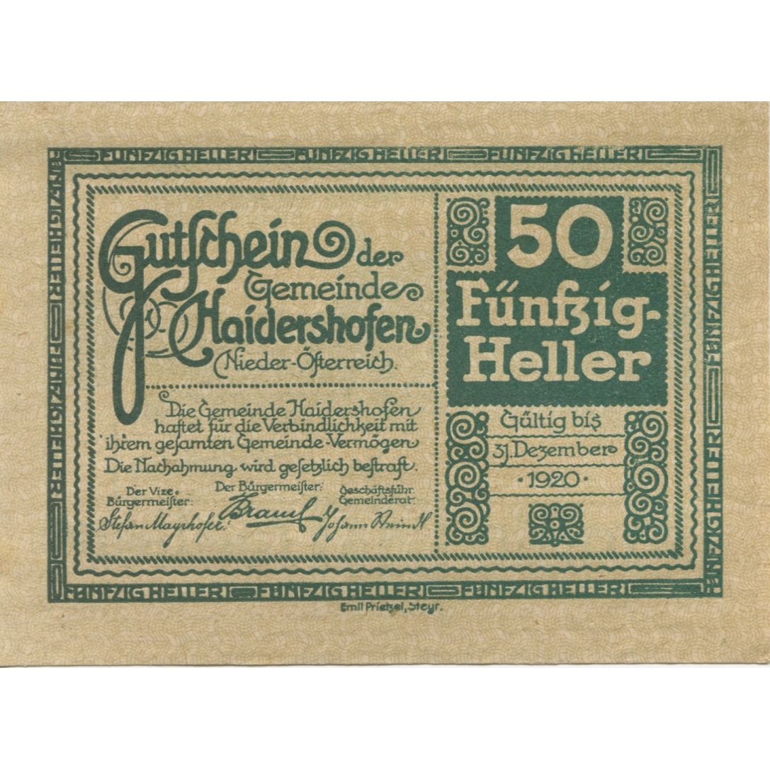 Banknote, Austria, Haidershofen, 50 Heller, Eglise, 1920 UNC(63) Mehl:FS 335Ib