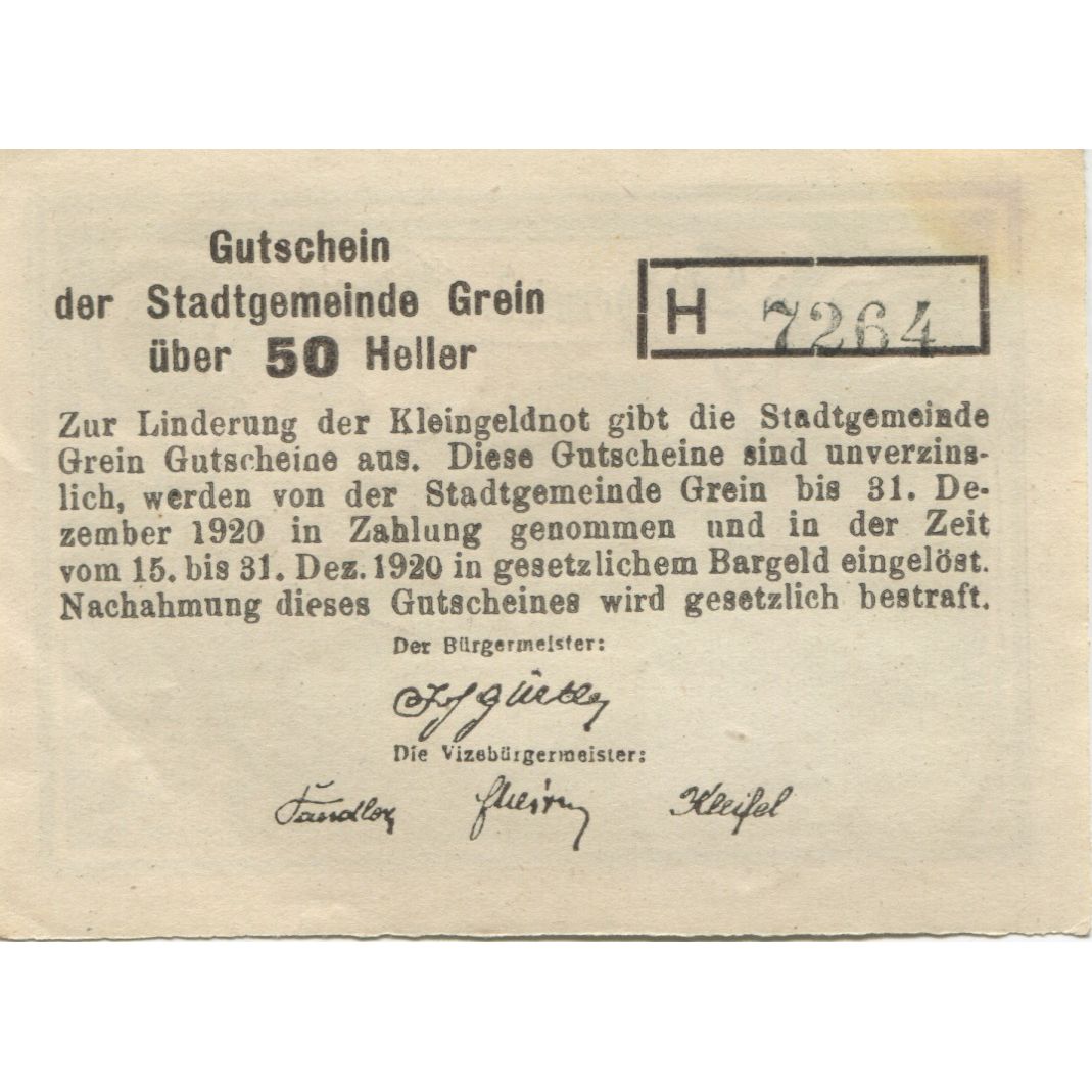Banknote, Austria, Grein, 50 Heller, paysage 1920-12-31, UNC(63), Mehl:FS 276Ib