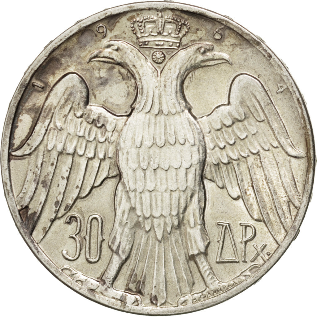 GREECE, 30 Drachmai, 1964, KM #87, AU(55-58), Silver, 30.3, 11.95