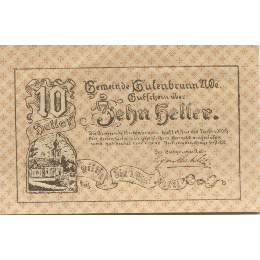 Banknote, Austria, Gutenbrunn, 10 Heller, Eglise, 1921, UNC(63), Mehl:FS 309Ib