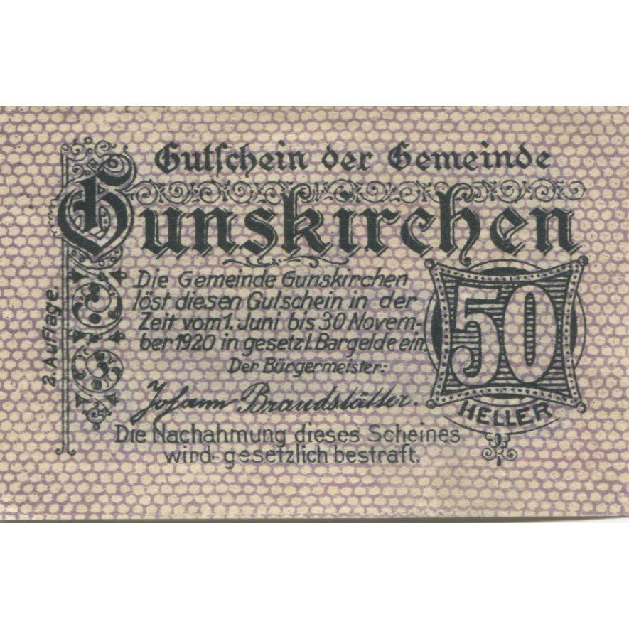 Banknote, Austria, Gunskirchen, 50 Heller, village, 1920 UNC(63) Mehl:FS 309Ib