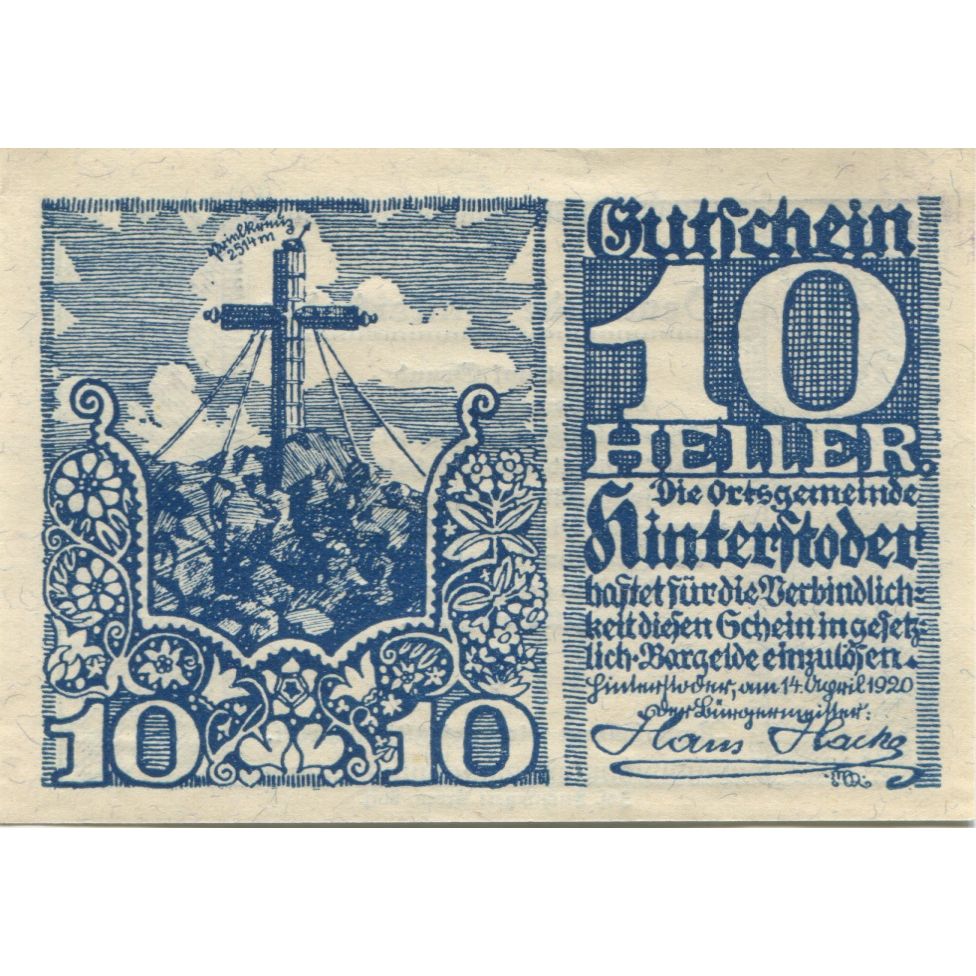 Banknote, Austria, Hinterstoder, 10 Heller, Monument, 1920 UNC(63) Mehl:FS 377b