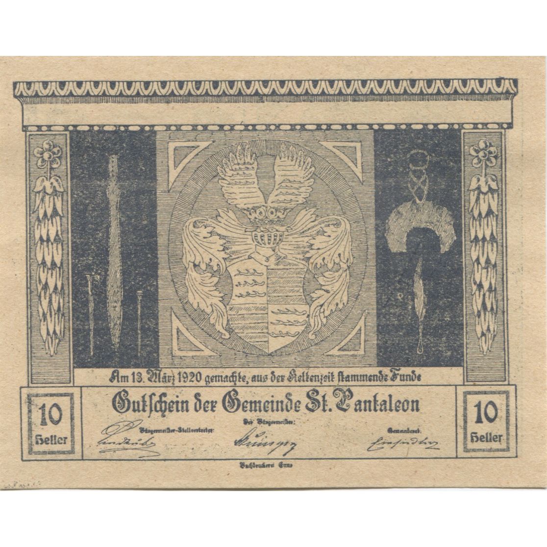 Banknote, Austria, St Pantaleon, 10 Heller, Blason 1920 UNC(63) Mehl:FS 920a