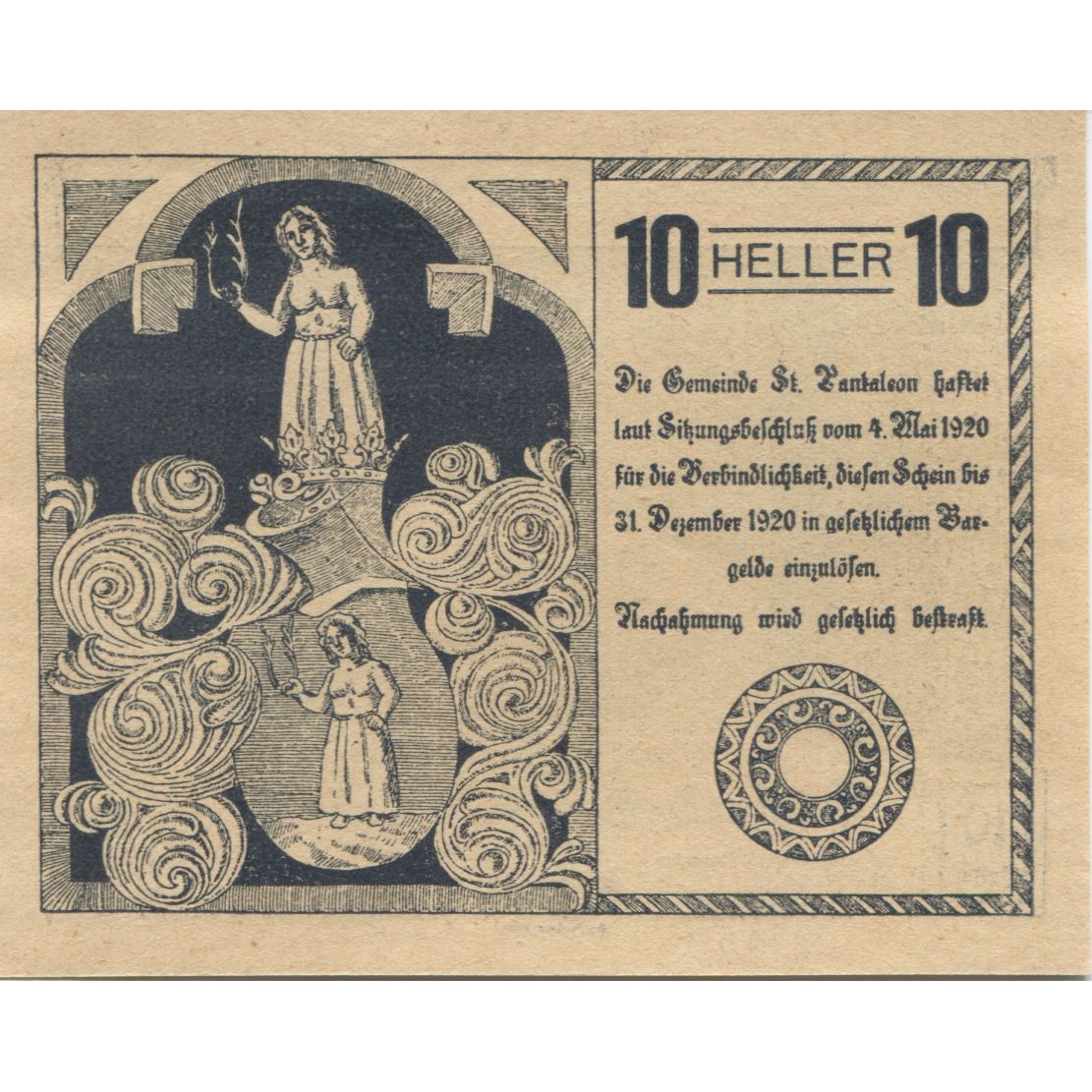 Banknote, Austria, St Pantaleon, 10 Heller, Blason 1920 UNC(63) Mehl:FS 920a