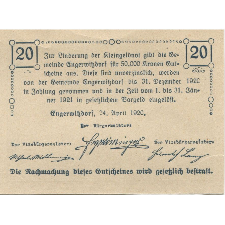 Banknote, Austria, Engerwitzdorf, 20 Heller, champs, 1921 UNC(63) Mehl:FS 173