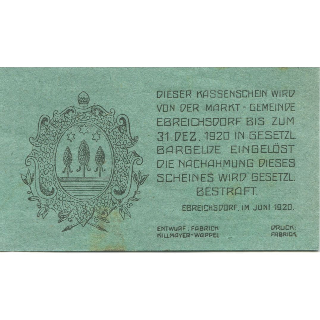 Banknote, Austria, Ebreichsdorf, 20 Heller, Monument, 1920 UNC(63) Mehl:FS 147