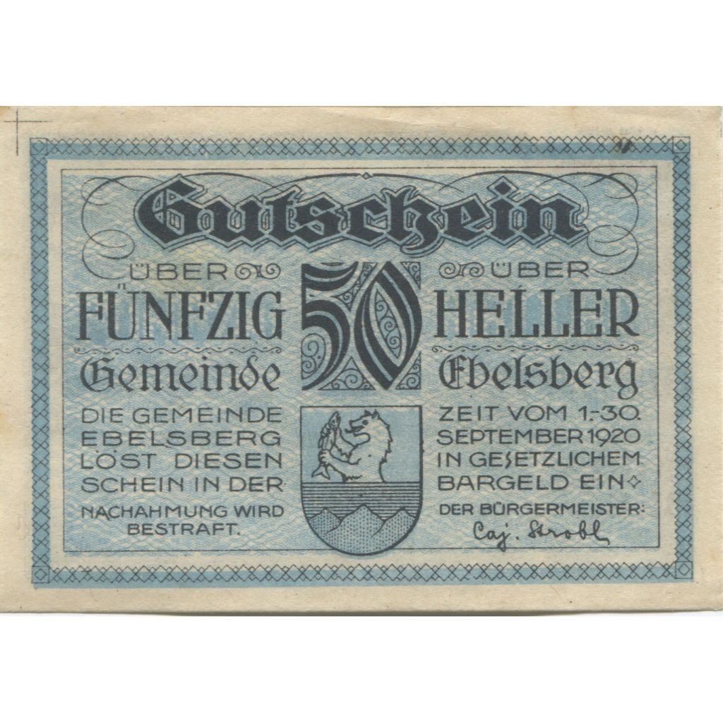 Banconote, Austria, Ebelsberg, 50 Heller, Blason, 1920 SPL, Mehl:FS 140Ia