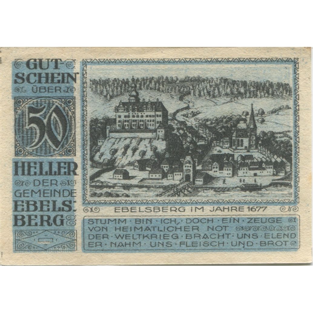 Banconote, Austria, Ebelsberg, 50 Heller, Blason, 1920 SPL, Mehl:FS 140Ia