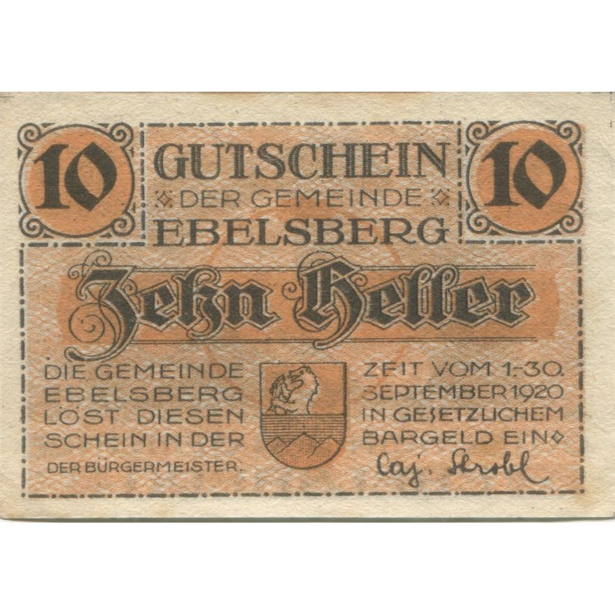 Banconote, Austria, Ebelsberg, 10 Heller, soldat 1920-09-30, SPL Mehl:FS 140Ia