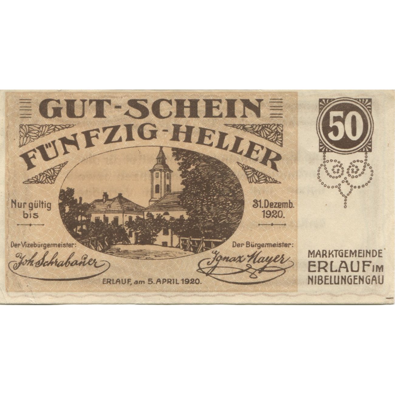 Banconote, Austria, Erlauf, 50 Heller, Eglise 1920-12-31, SPL Mehl:FS 181a