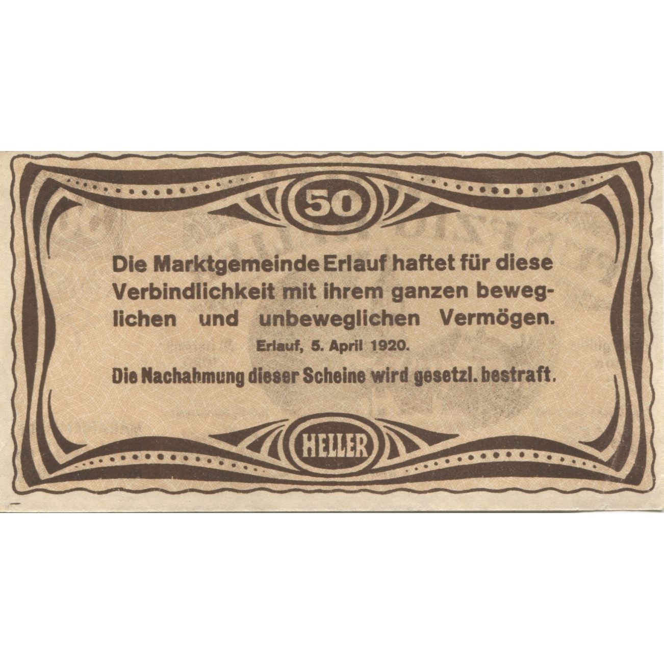 Banconote, Austria, Erlauf, 50 Heller, Eglise 1920-12-31, SPL Mehl:FS 181a