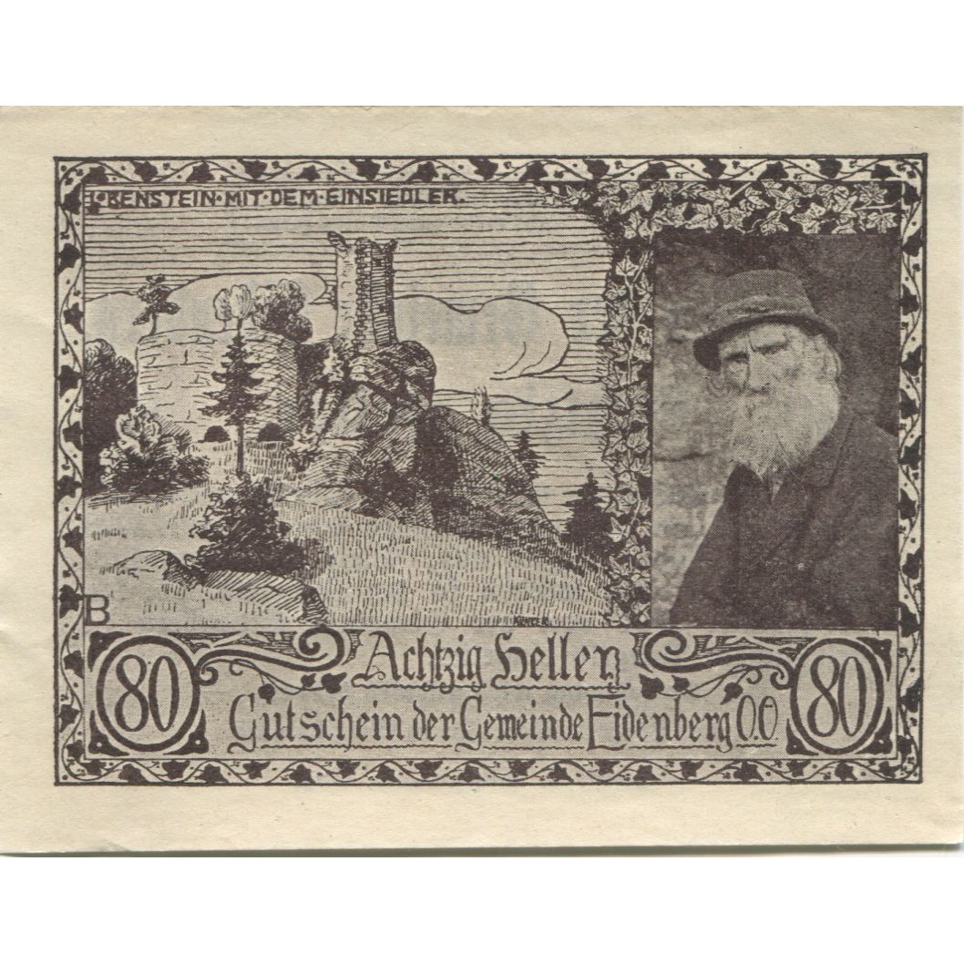 Banknote, Austria, Eidenberg, 80 Heller, ruine, 1921 UNC(63) Mehl:FS 168IIa