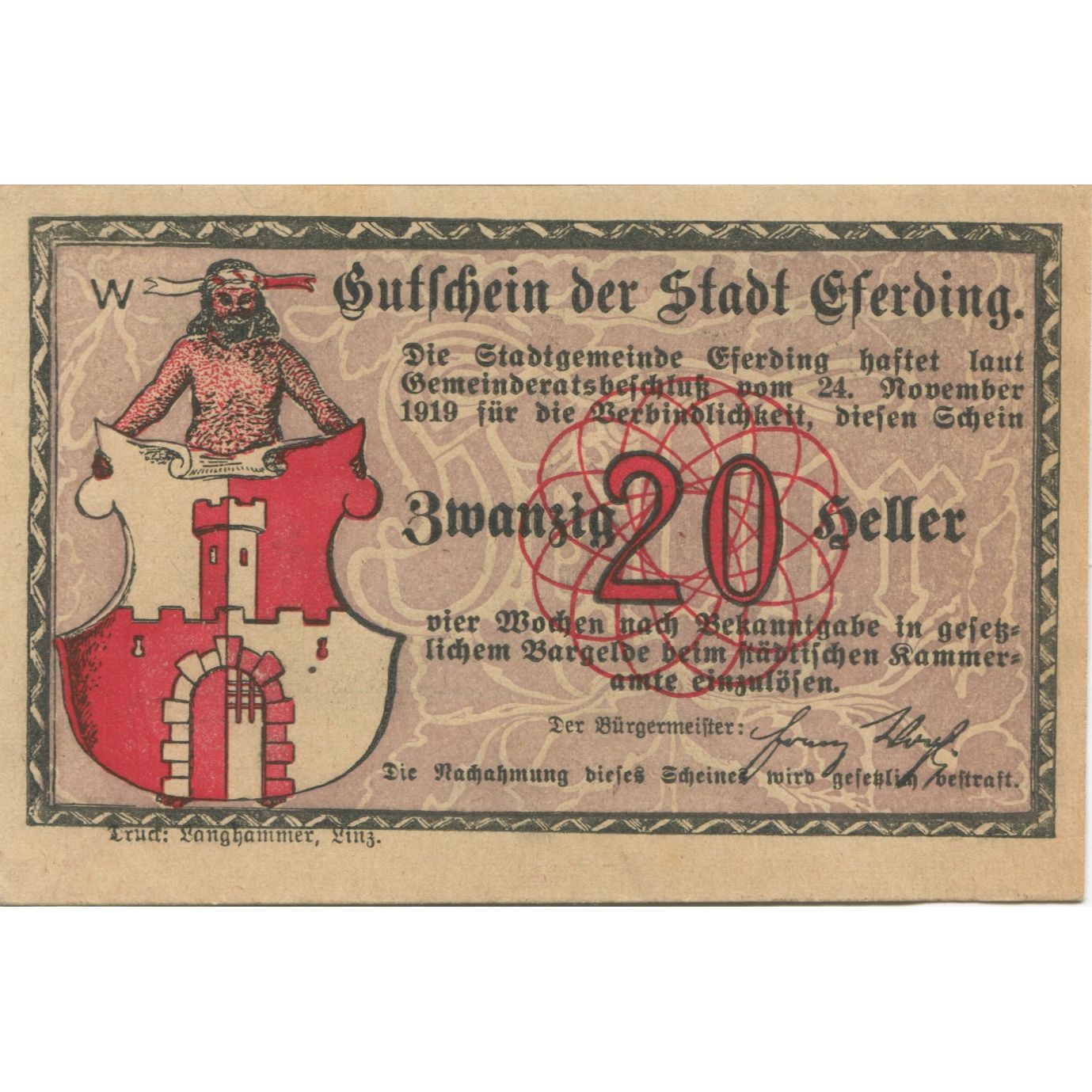 Banknote, Austria, Eferding, 20 Heller, Blason, 1919 UNC(63) Mehl:FS 152I