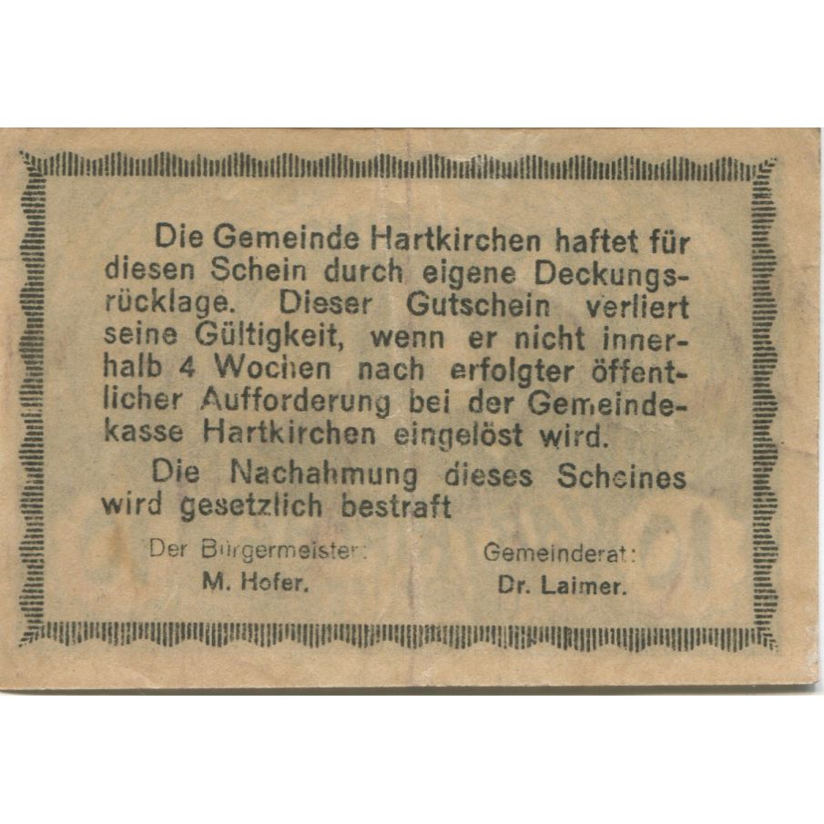 Banconote, Austria, Hartkirchen, 10 Heller, château 1920-12-31 SPL Mehl:FS 353Ia