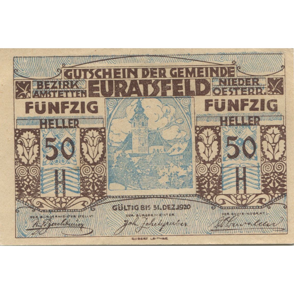 Banconote, Austria, Euratsfeld, 50 Heller, Eglise 1920-12-31, SPL Mehl:FS 192a