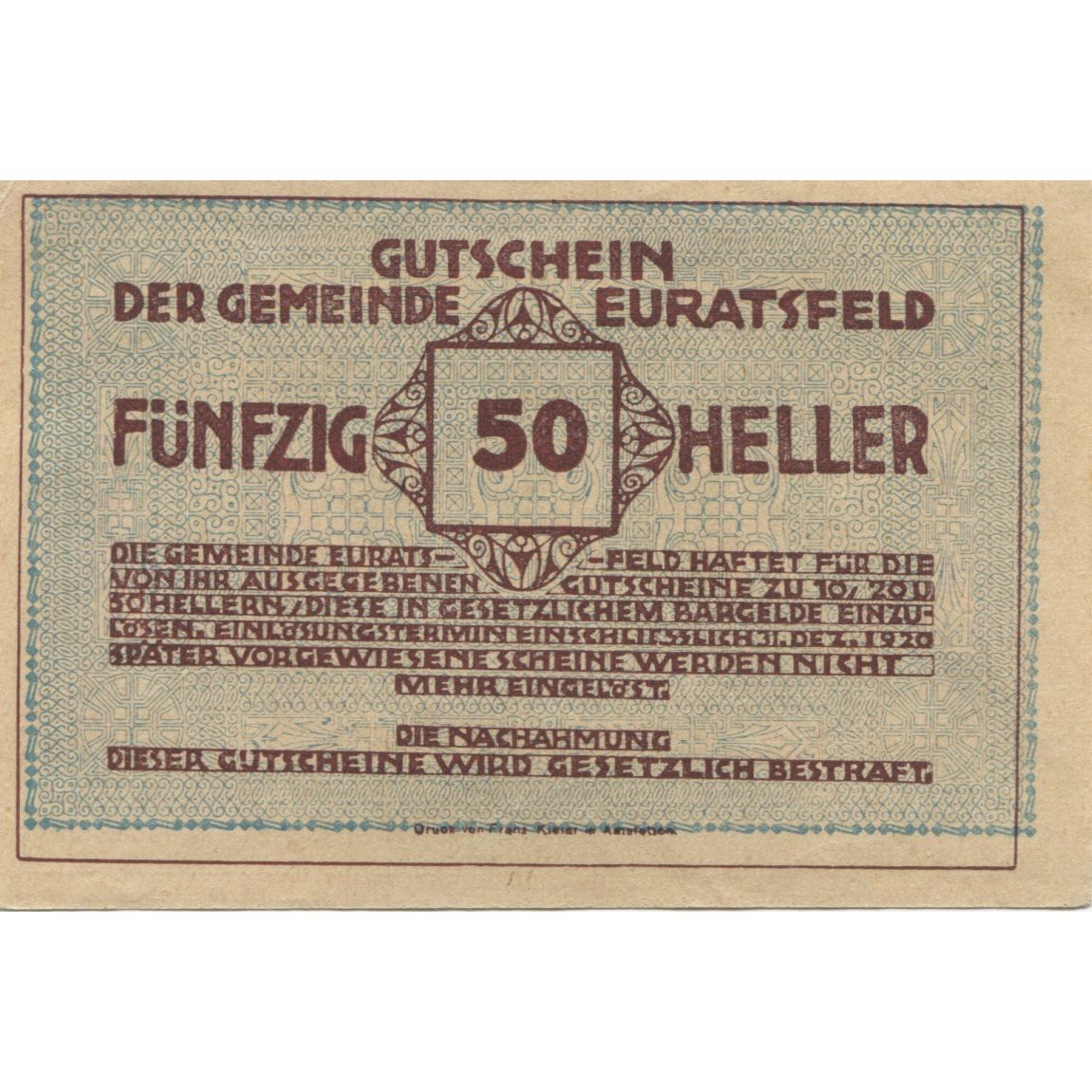 Banconote, Austria, Euratsfeld, 50 Heller, Eglise 1920-12-31, SPL Mehl:FS 192a