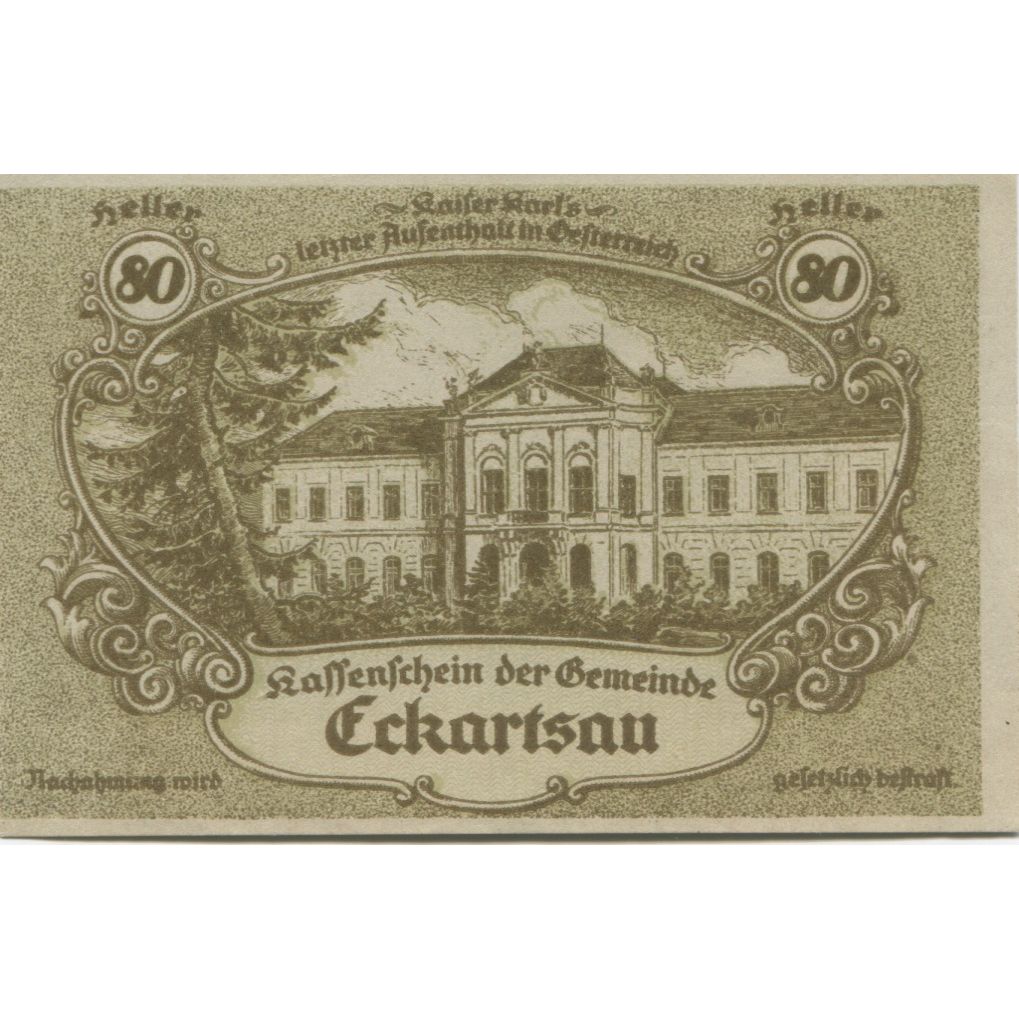 Banconote, Austria, Eckartsau, 80 Heller, chateau 1, 1920 SPL Mehl:FS 149a