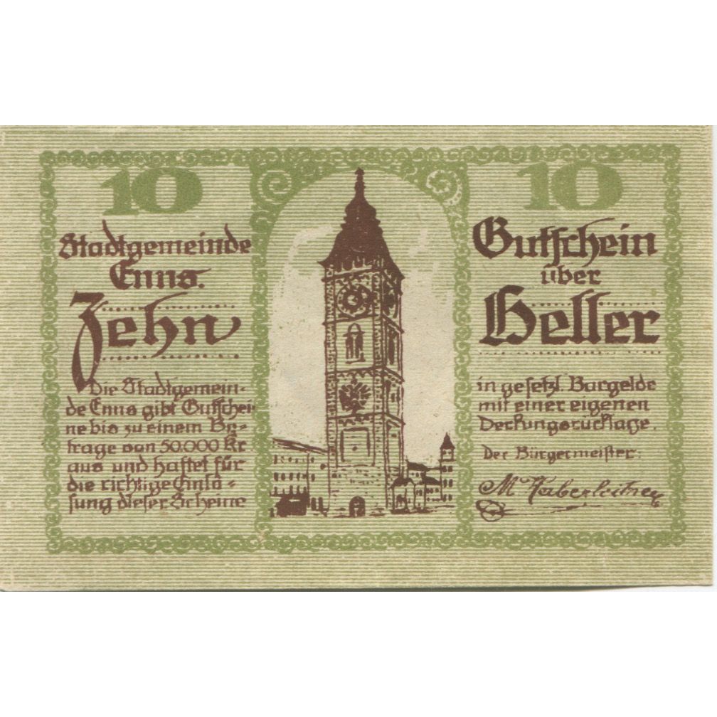 Banconote, Austria, Enns, 10 Heller, Eglise, 1920, SPL, Mehl:FS 174Ia