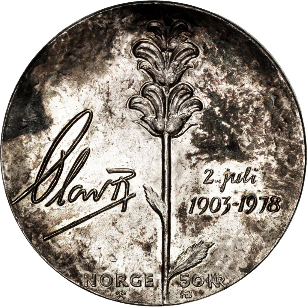 NORWAY, 50 Kroner, 1978, KM #424, AU(55-58), Silver, 27.22