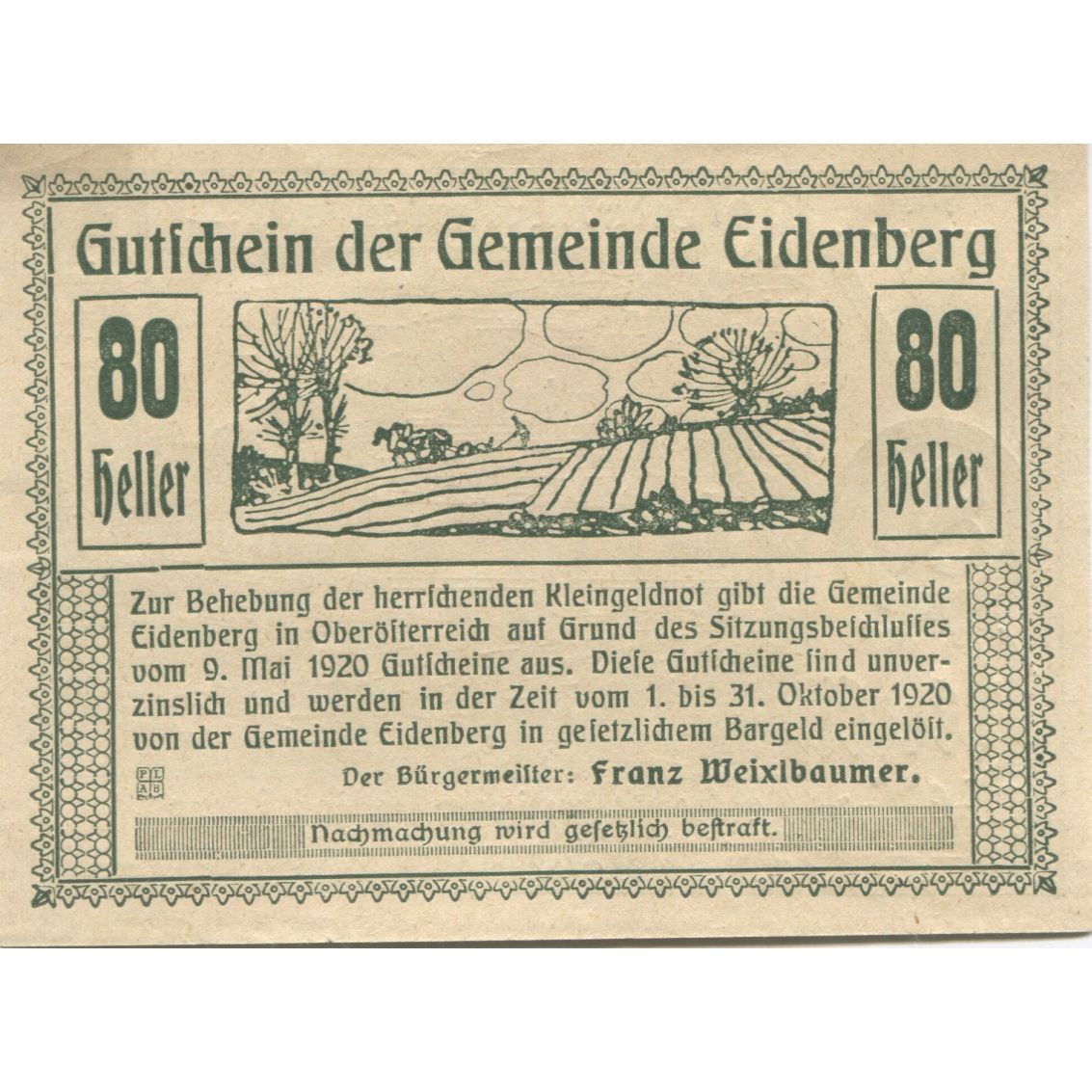 Banknote, Austria, Eidenberg, 80 Heller, champs, 1920 UNC(63) Mehl:FS 168Ia2