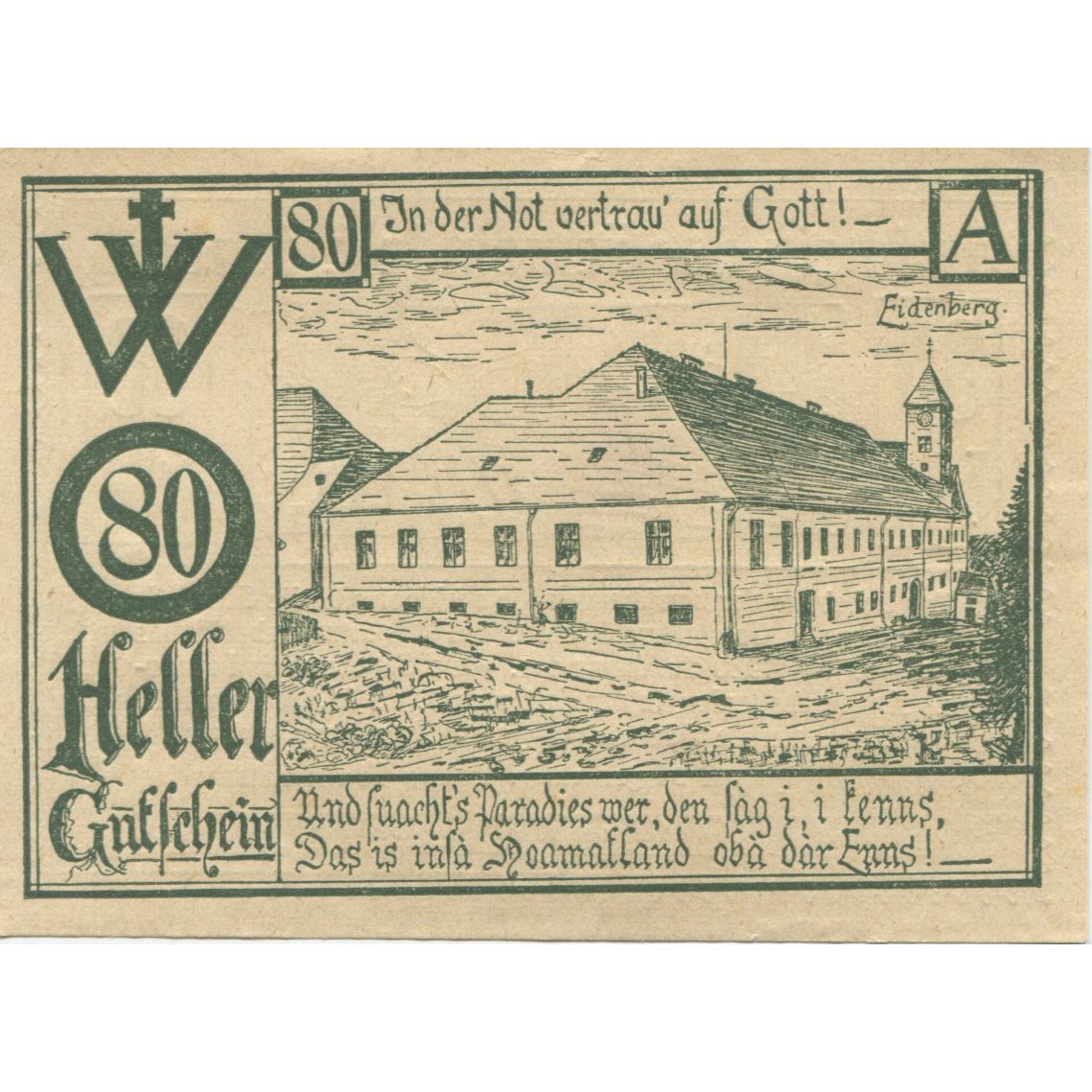 Banknote, Austria, Eidenberg, 80 Heller, champs, 1920 UNC(63) Mehl:FS 168Ia2
