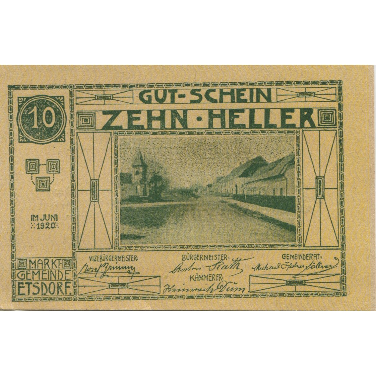 Banconote, Austria, Etsdorf, 10 Heller, rue, 1920, 1920-12-31, SPL, Mehl:FS 190a