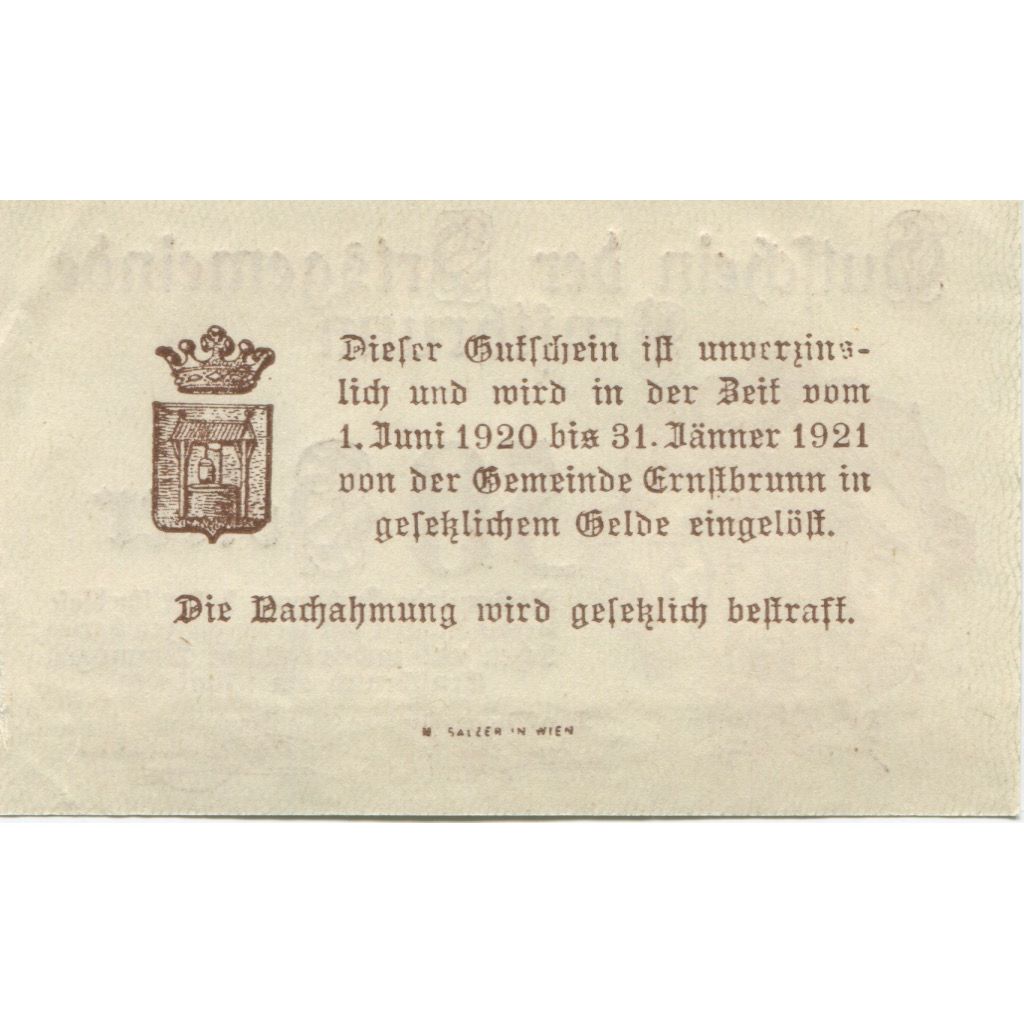 Banknote, Austria, Ernstbrunn, 50 Heller, Blason, 1921, UNC(63) Mehl:FS 183a