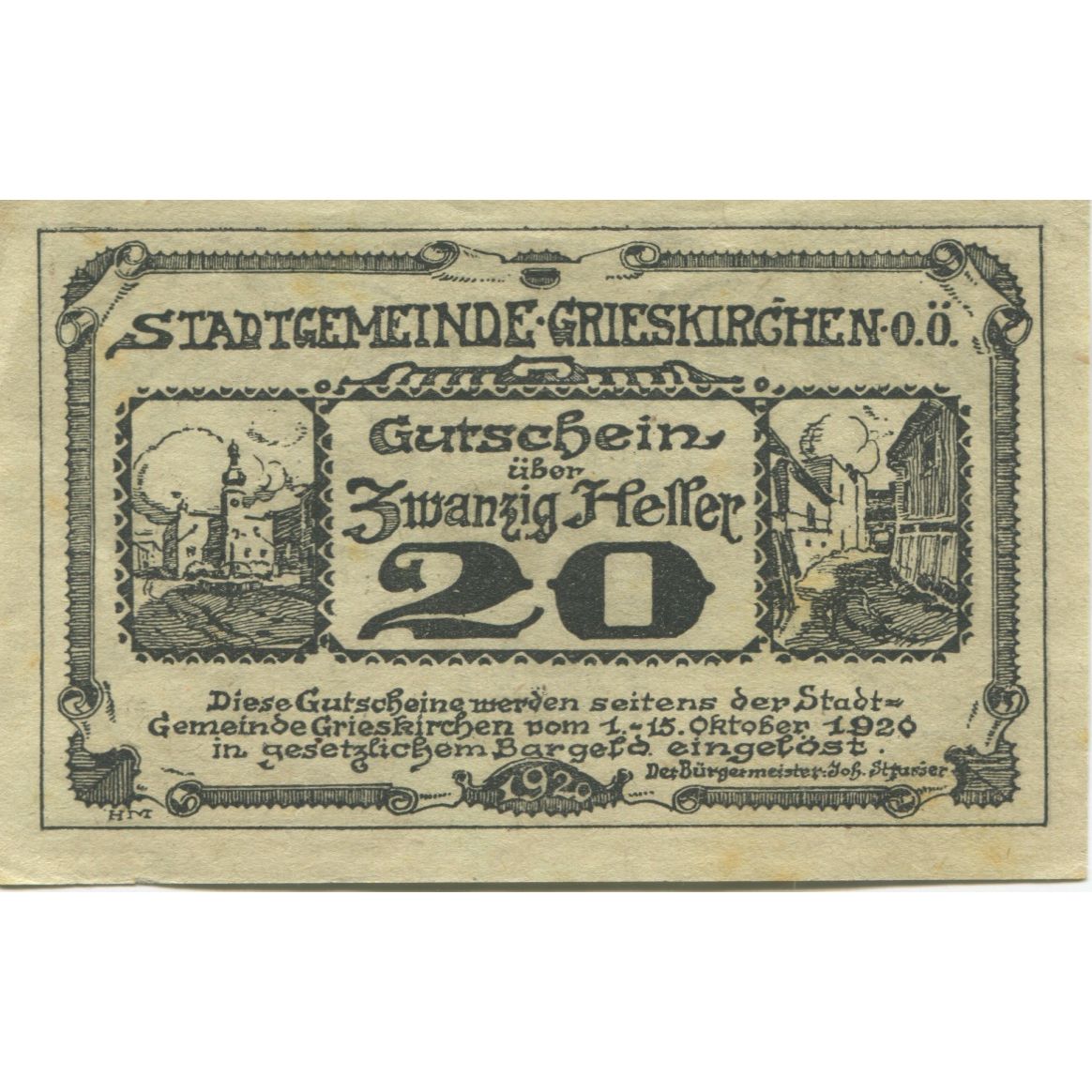 Banknote, Austria, Grieskirchen, 20 Heller, rue, 1920 UNC(63) Mehl:FS 288IIIa
